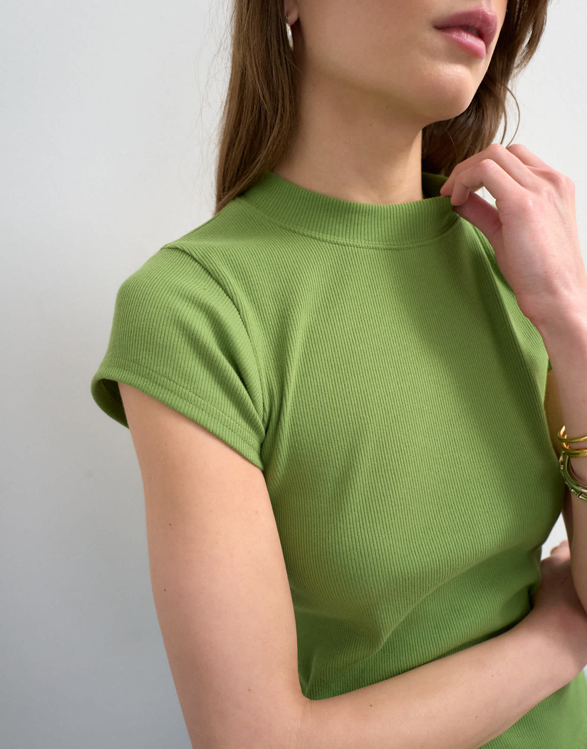 Topshop rib fitted curve hem tee in green