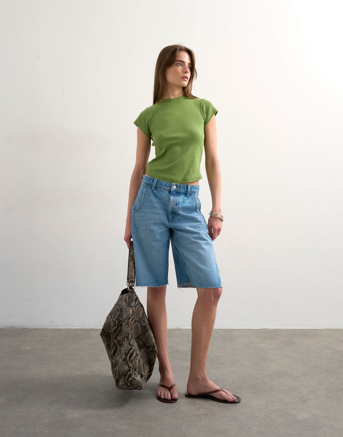 Topshop rib fitted curve hem tee in green