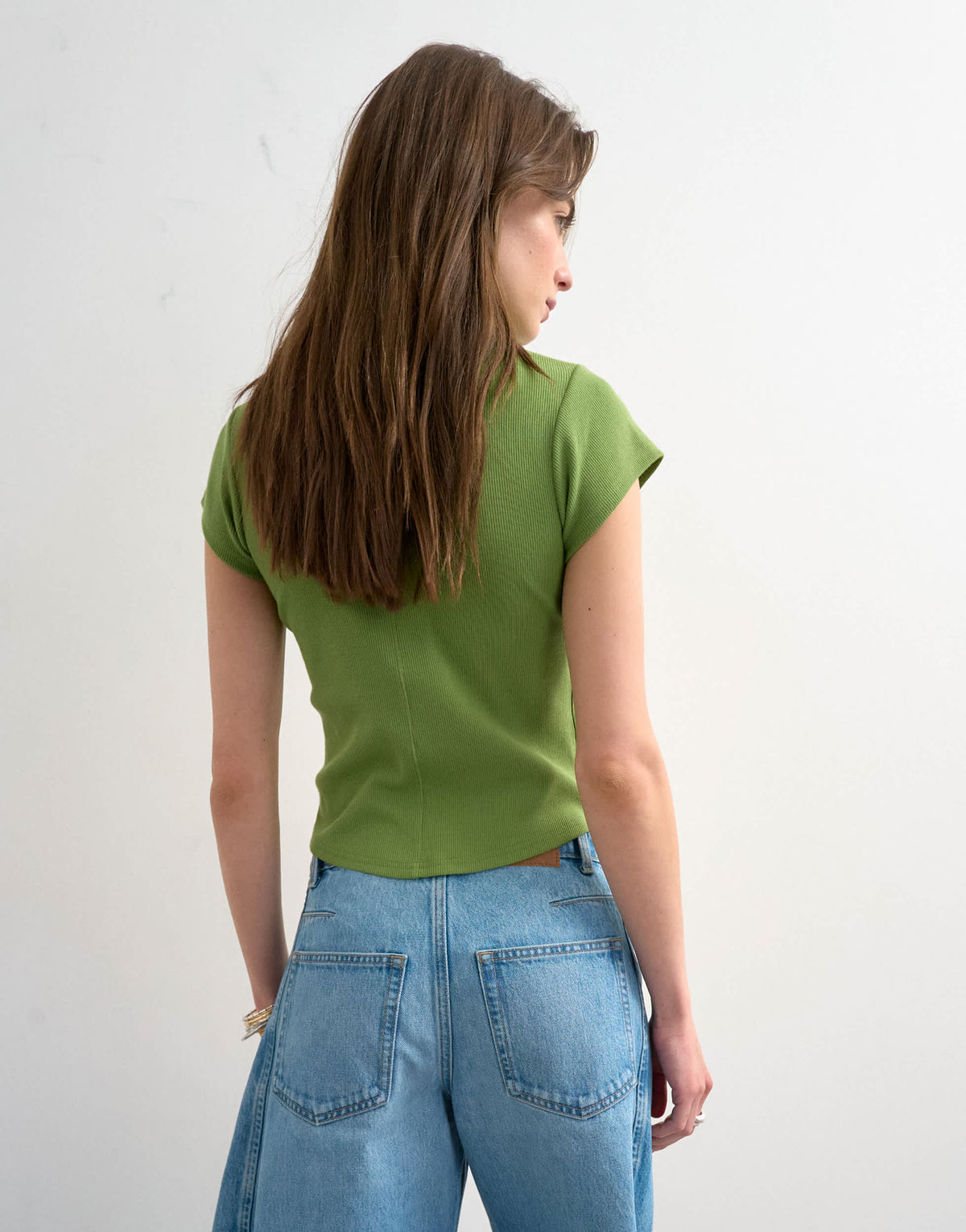 Topshop rib fitted curve hem tee in green