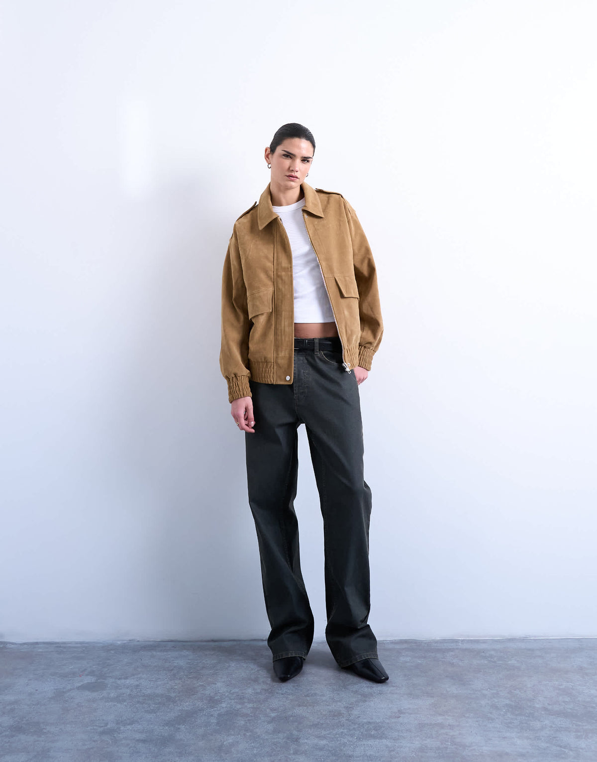 Topshop faux suede oversized bomber in tan