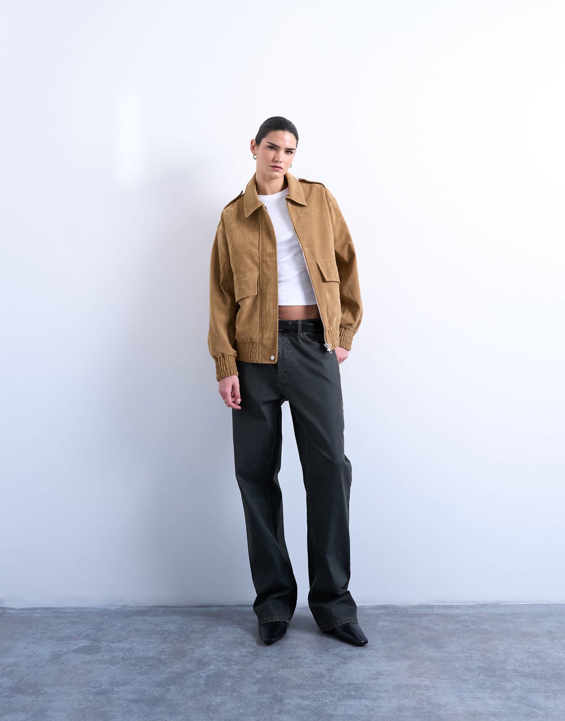Topshop faux suede oversized bomber in tan