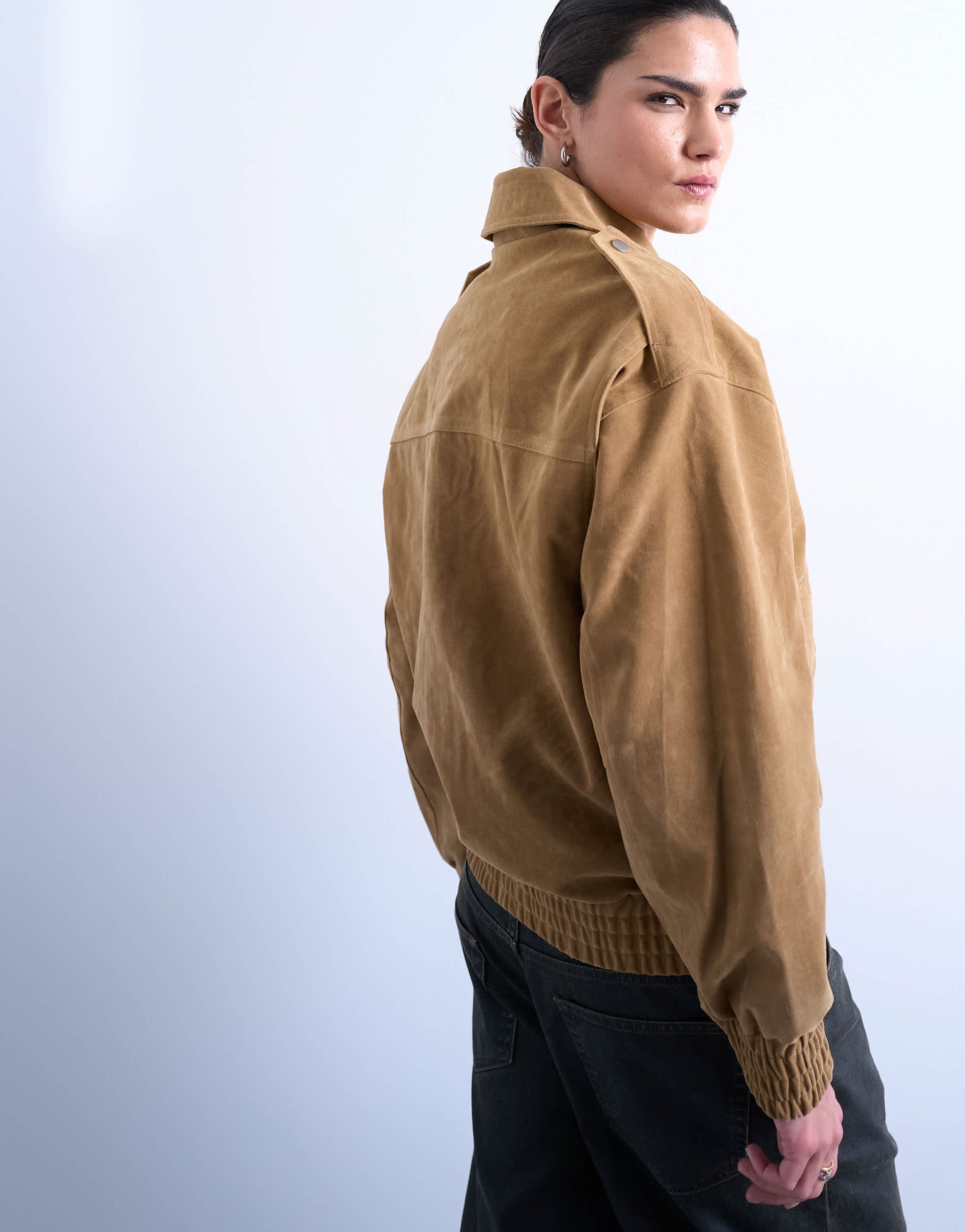 Topshop faux suede oversized bomber in tan
