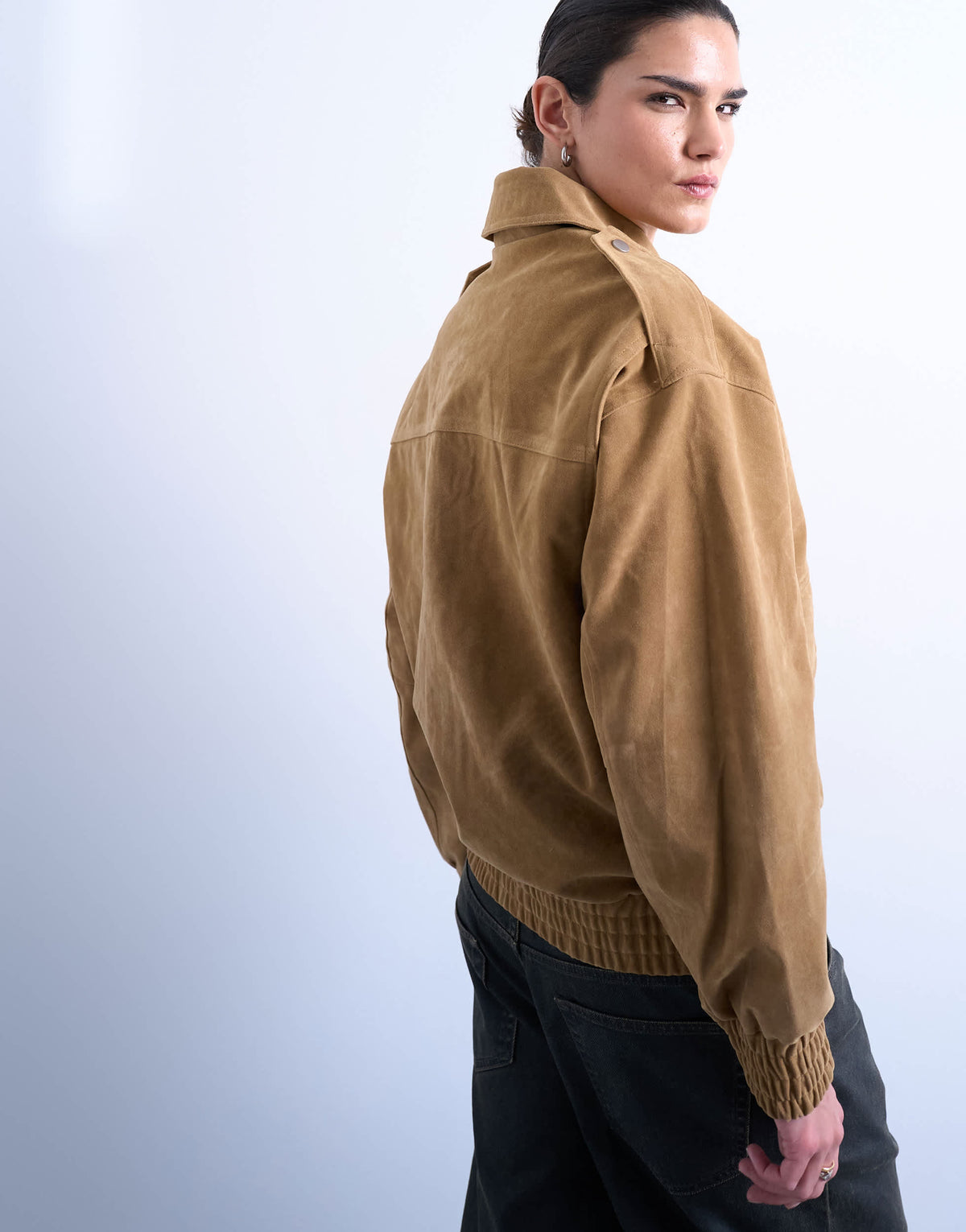 Topshop faux suede oversized bomber in tan
