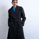 Topshop dropped belt longline formal coat in charcoal