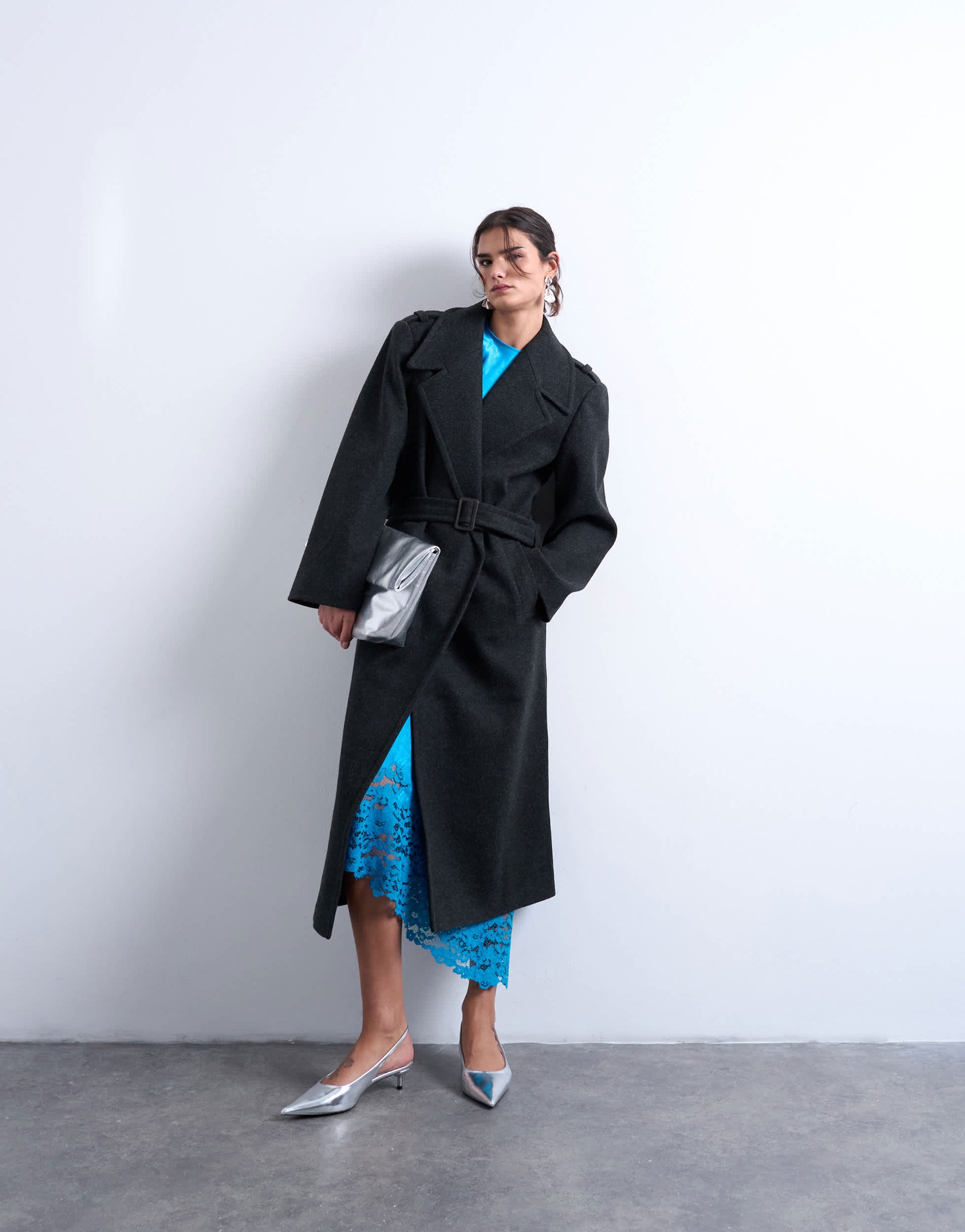 Topshop dropped belt longline formal coat in charcoal
