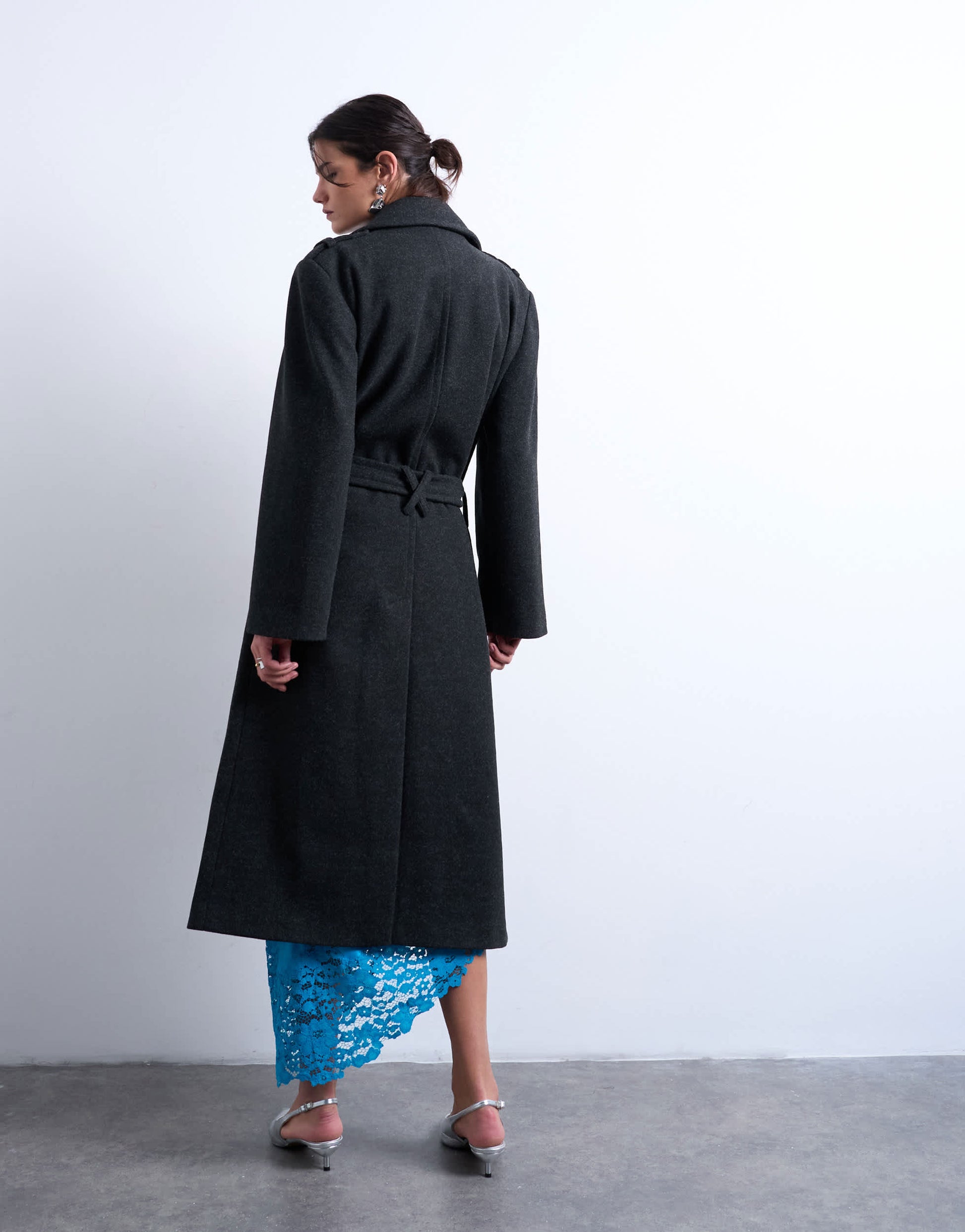 Topshop dropped belt longline formal coat in charcoal