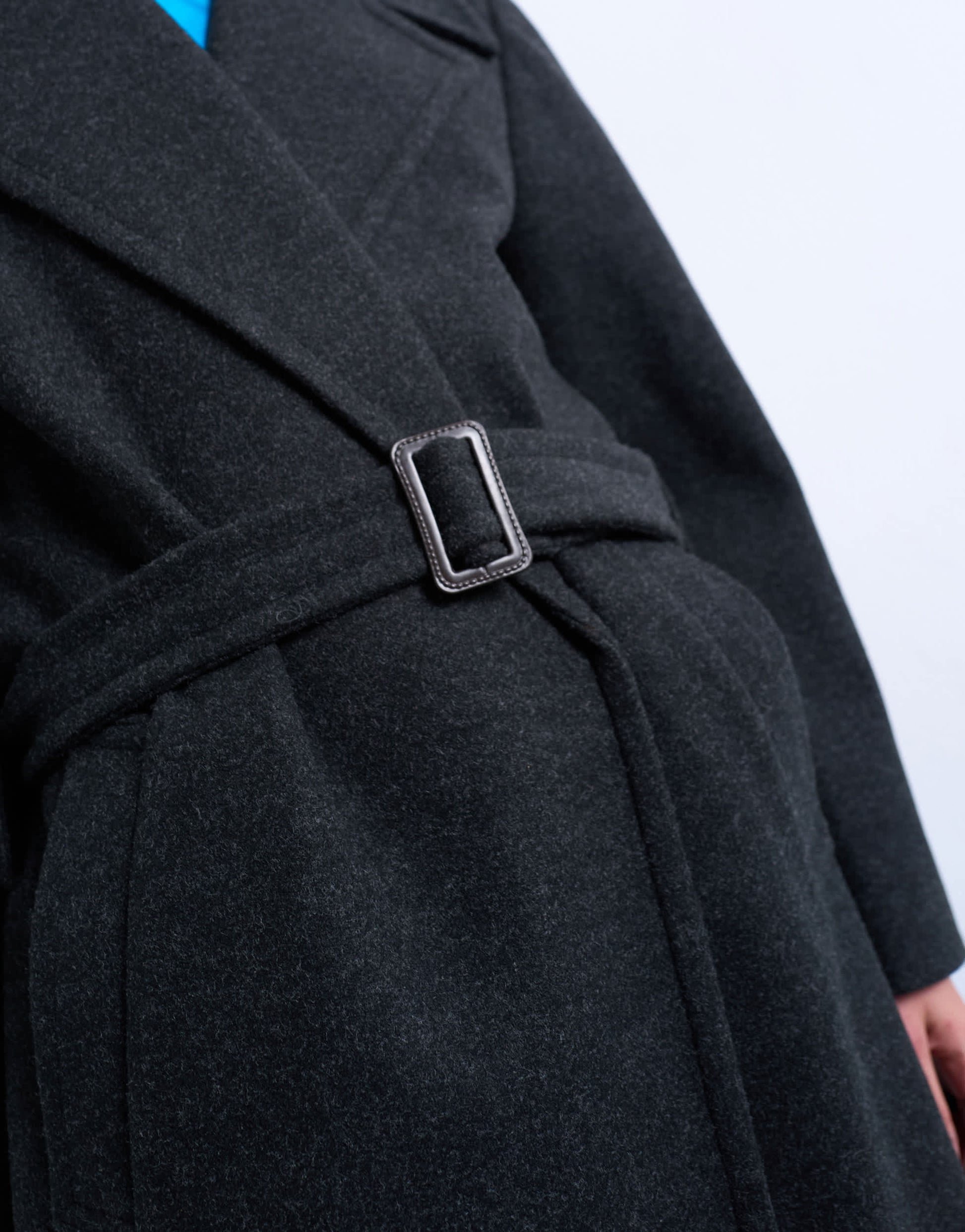 Topshop dropped belt longline formal coat in charcoal