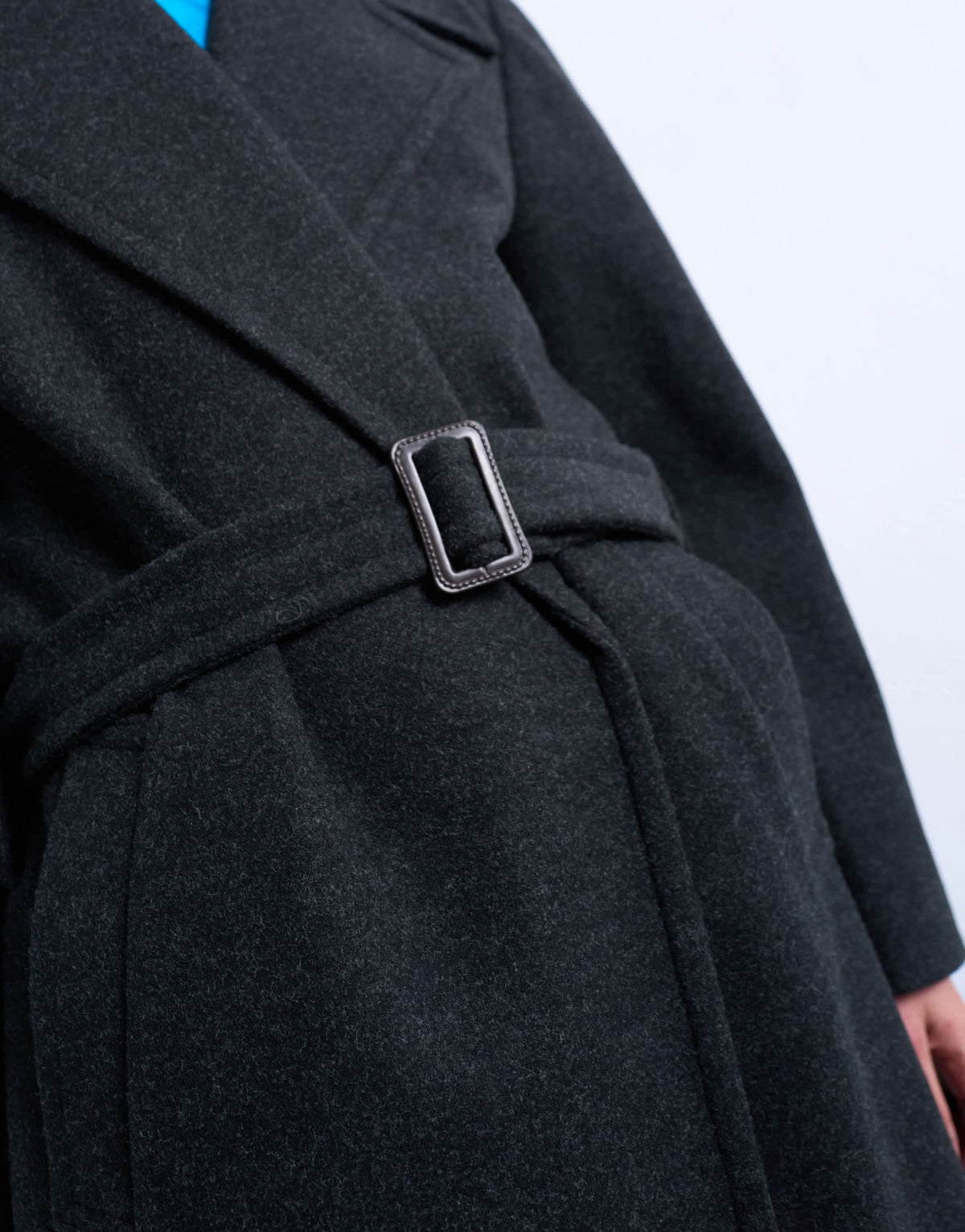 Topshop dropped belt longline formal coat in charcoal