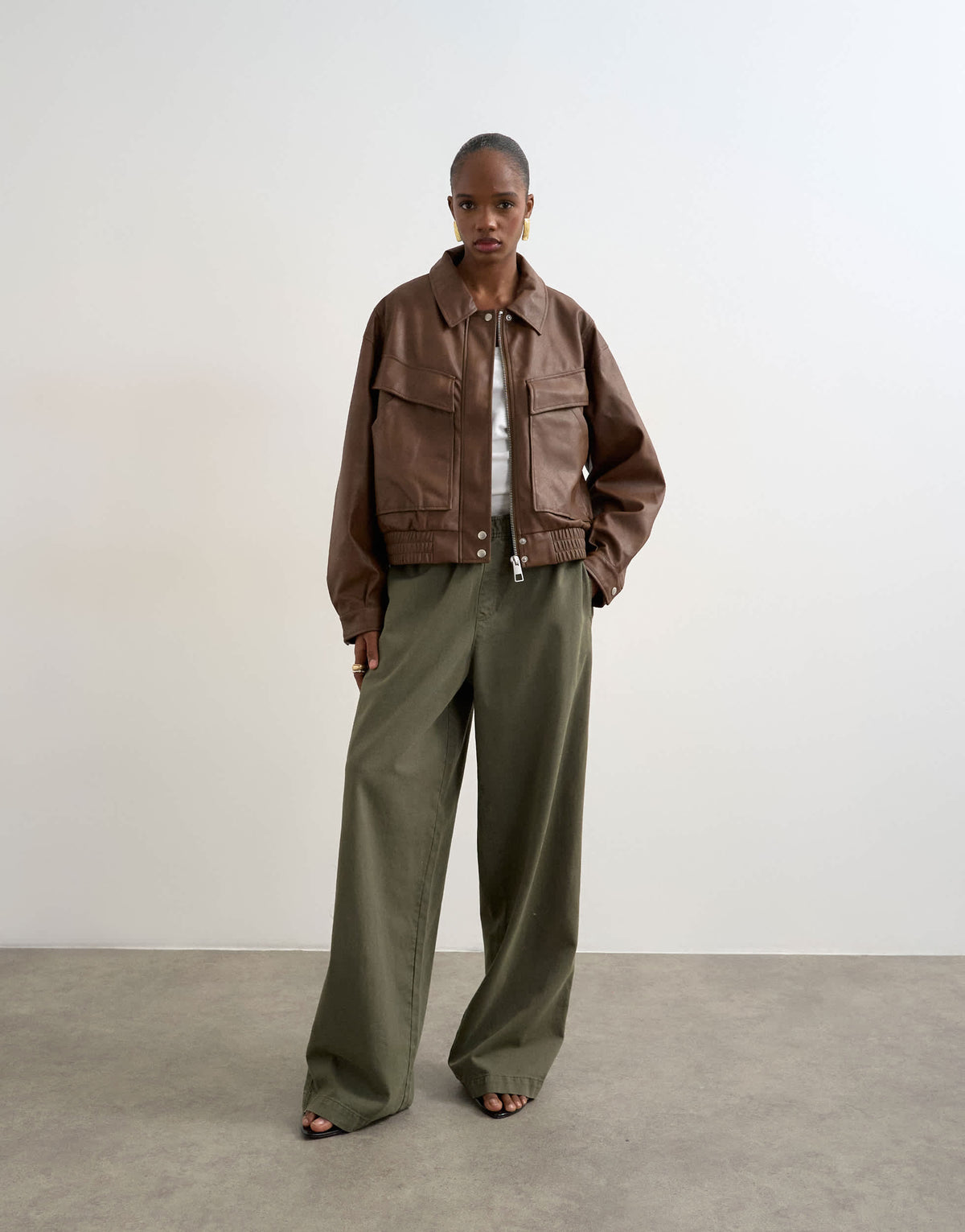 Topshop faux leather boxy zip through pocket bomber jacket in washed brown