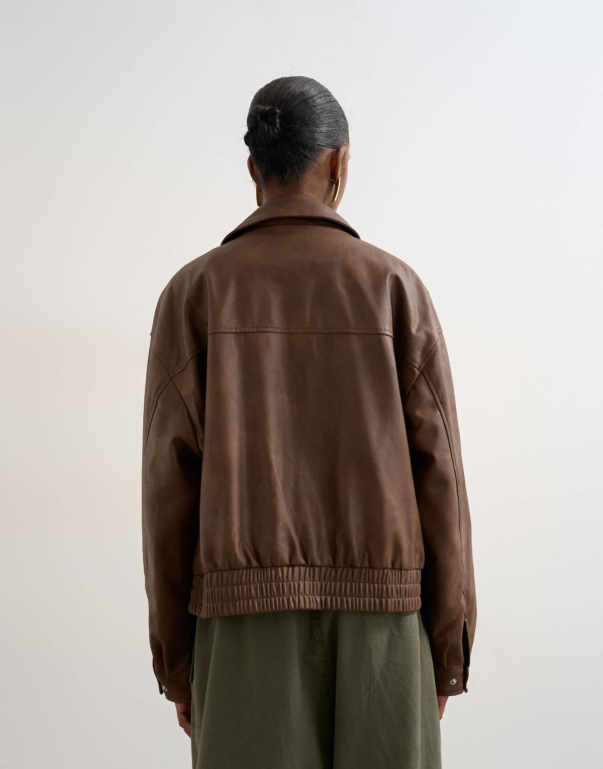 Topshop faux leather boxy zip through pocket bomber jacket in washed brown