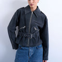 Topshop faux suede low belted biker jacket in charcoal