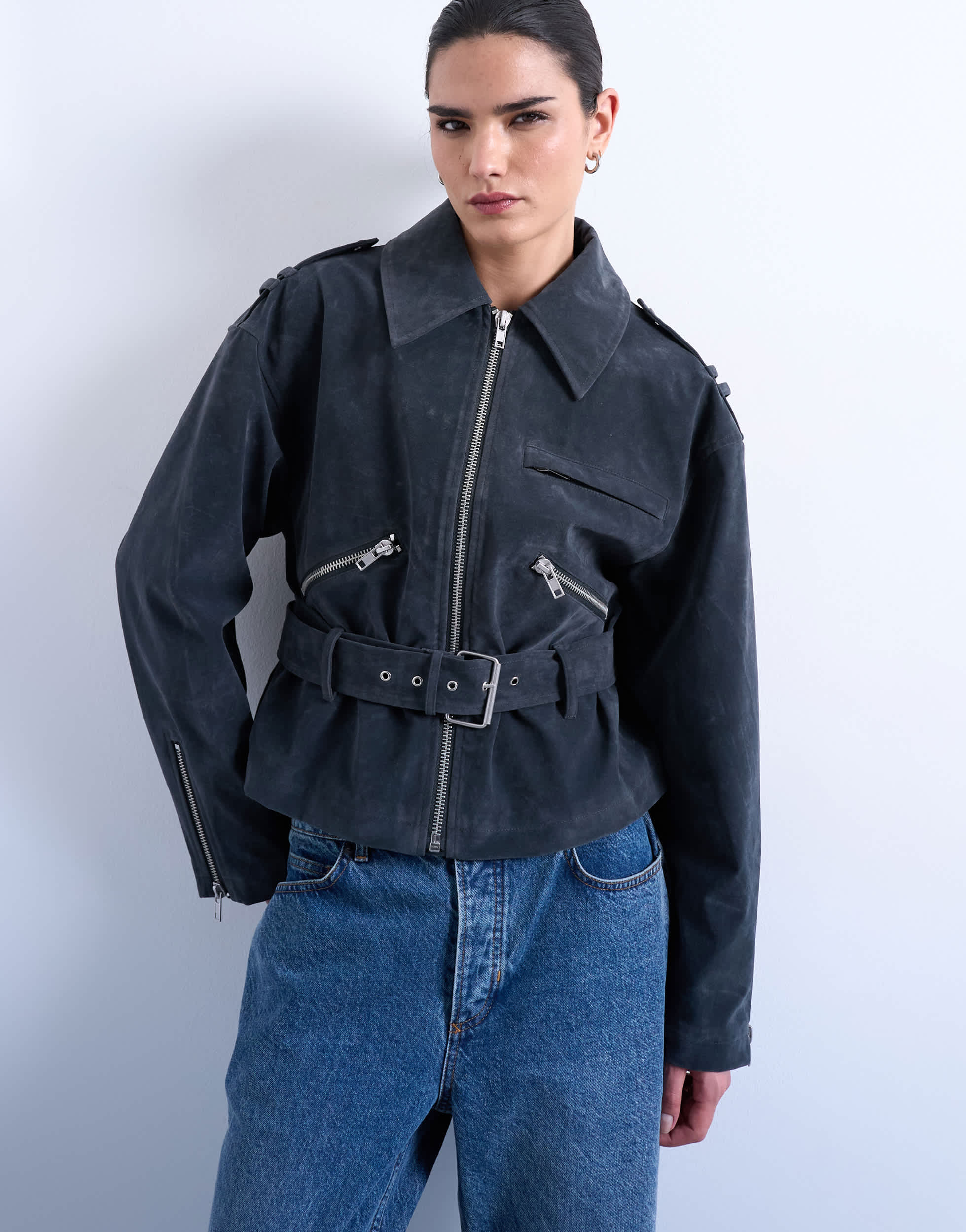 Topshop faux suede low belted biker jacket in charcoal