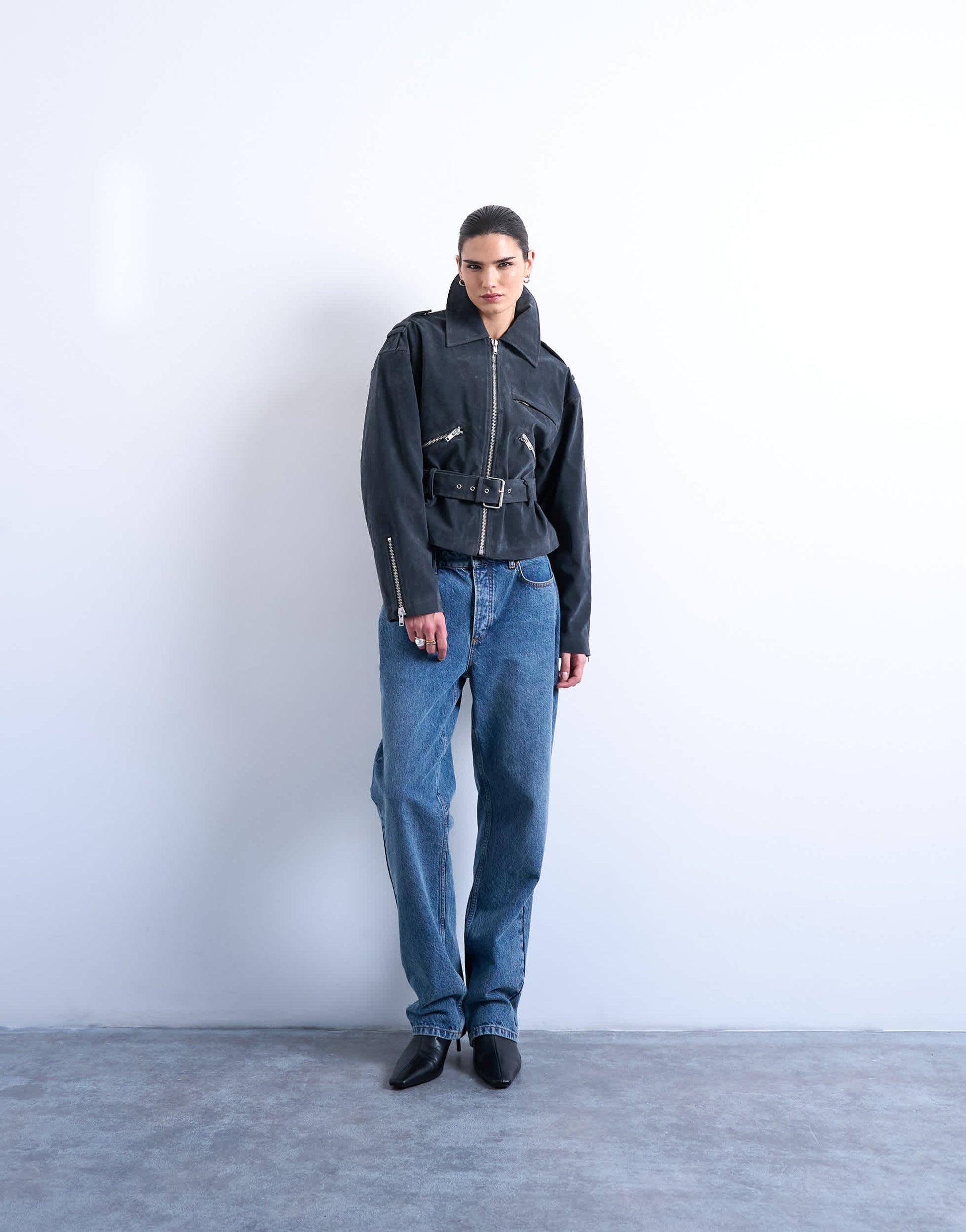 Topshop faux suede low belted biker jacket in charcoal