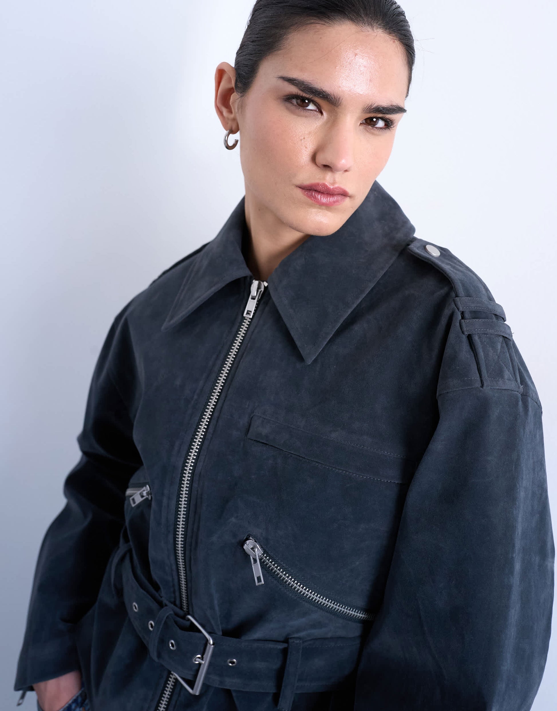 Topshop faux suede low belted biker jacket in charcoal