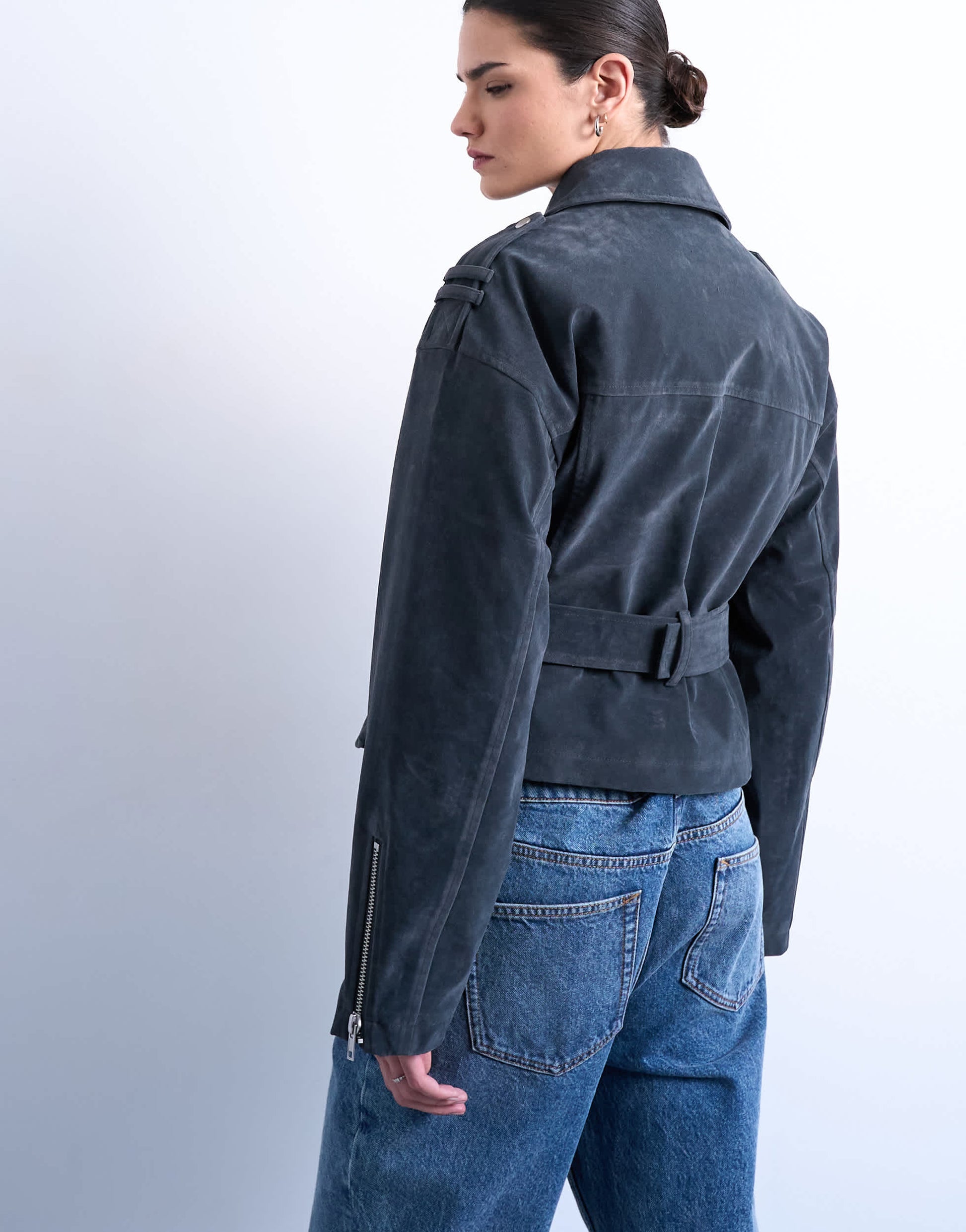 Topshop faux suede low belted biker jacket in charcoal