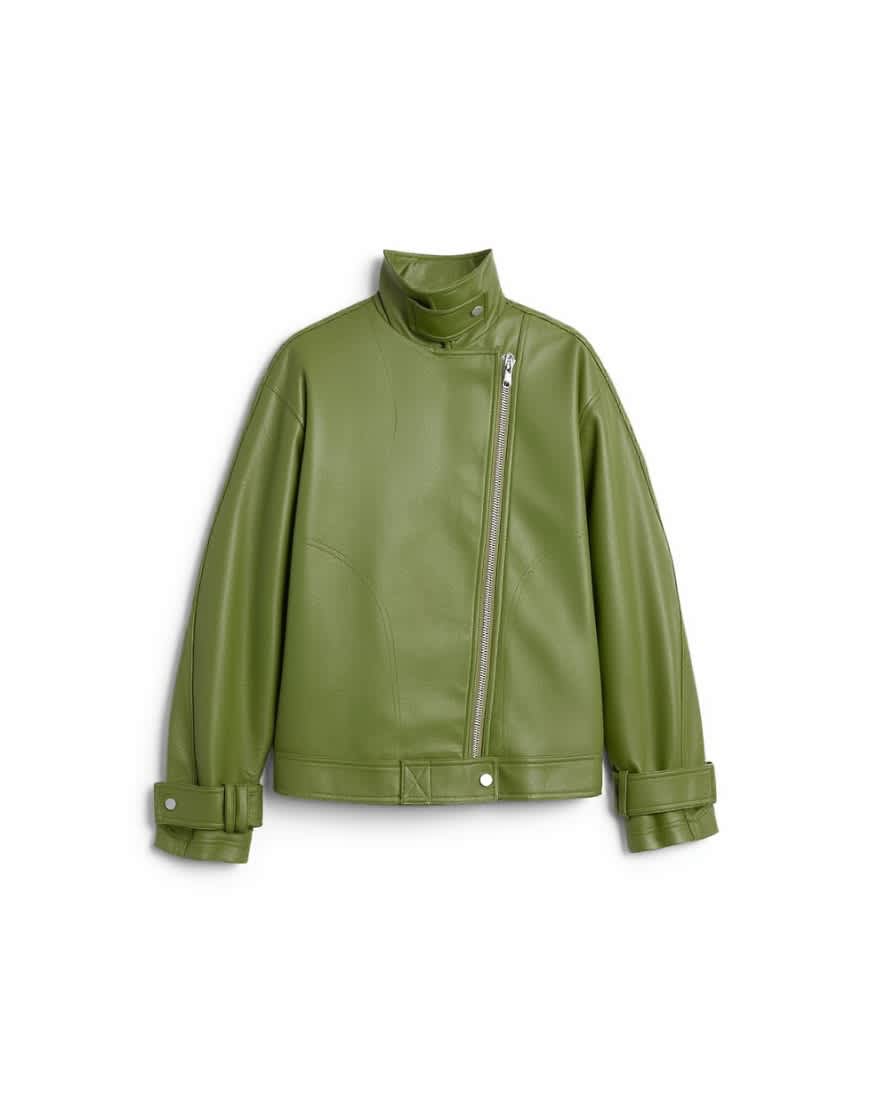 Topshop faux leather funnel neck biker jacket in green