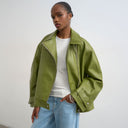 Topshop faux leather funnel neck biker jacket in green