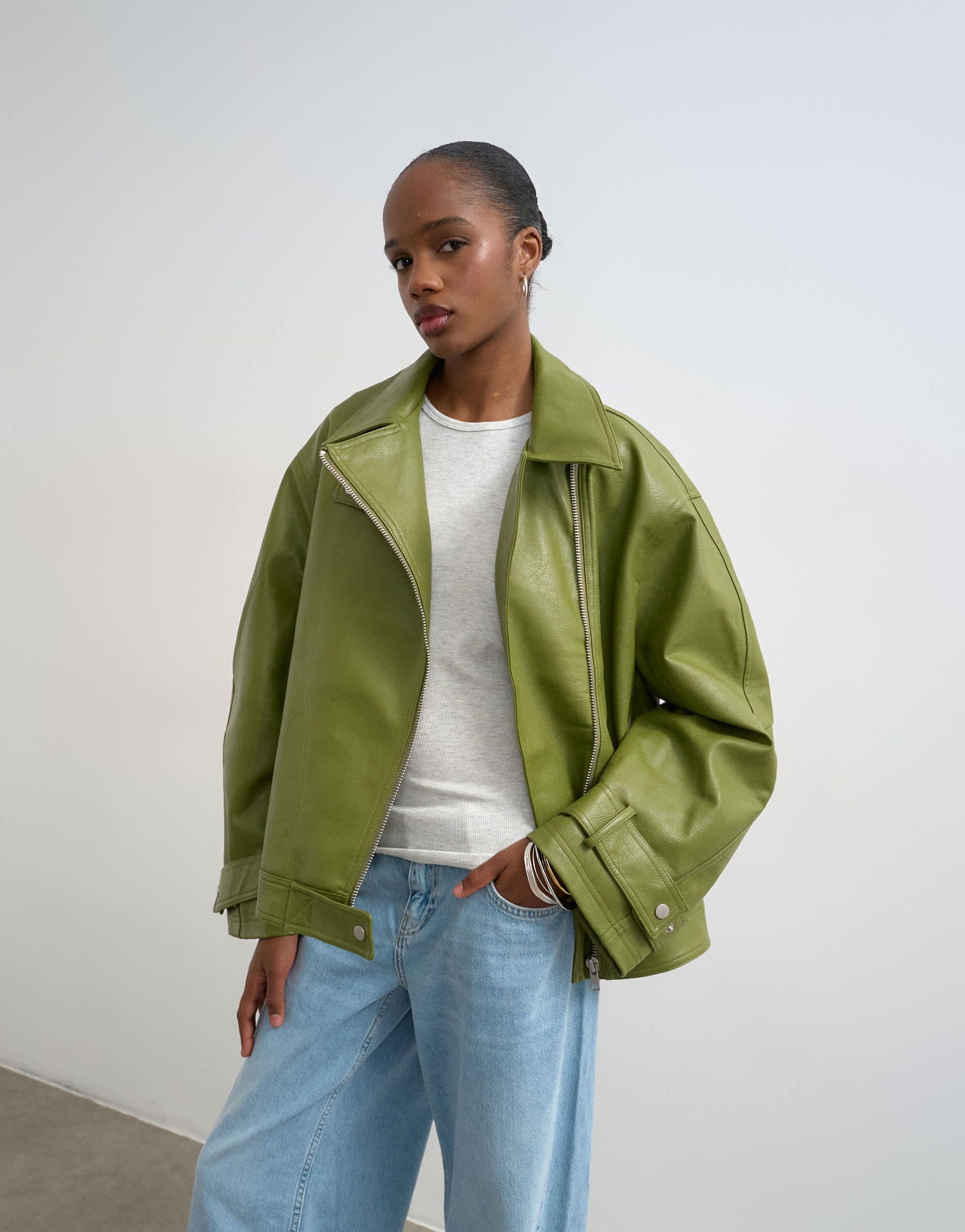 Topshop faux leather funnel neck biker jacket in green