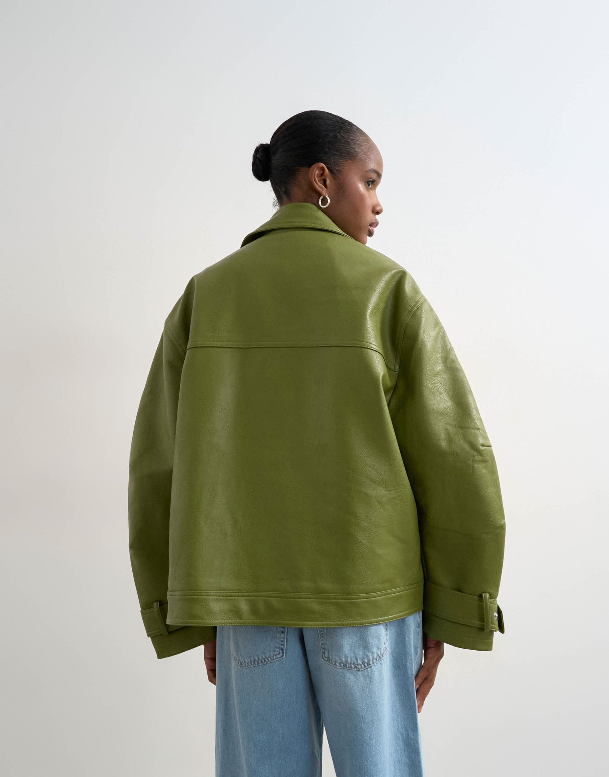 Topshop faux leather funnel neck biker jacket in green