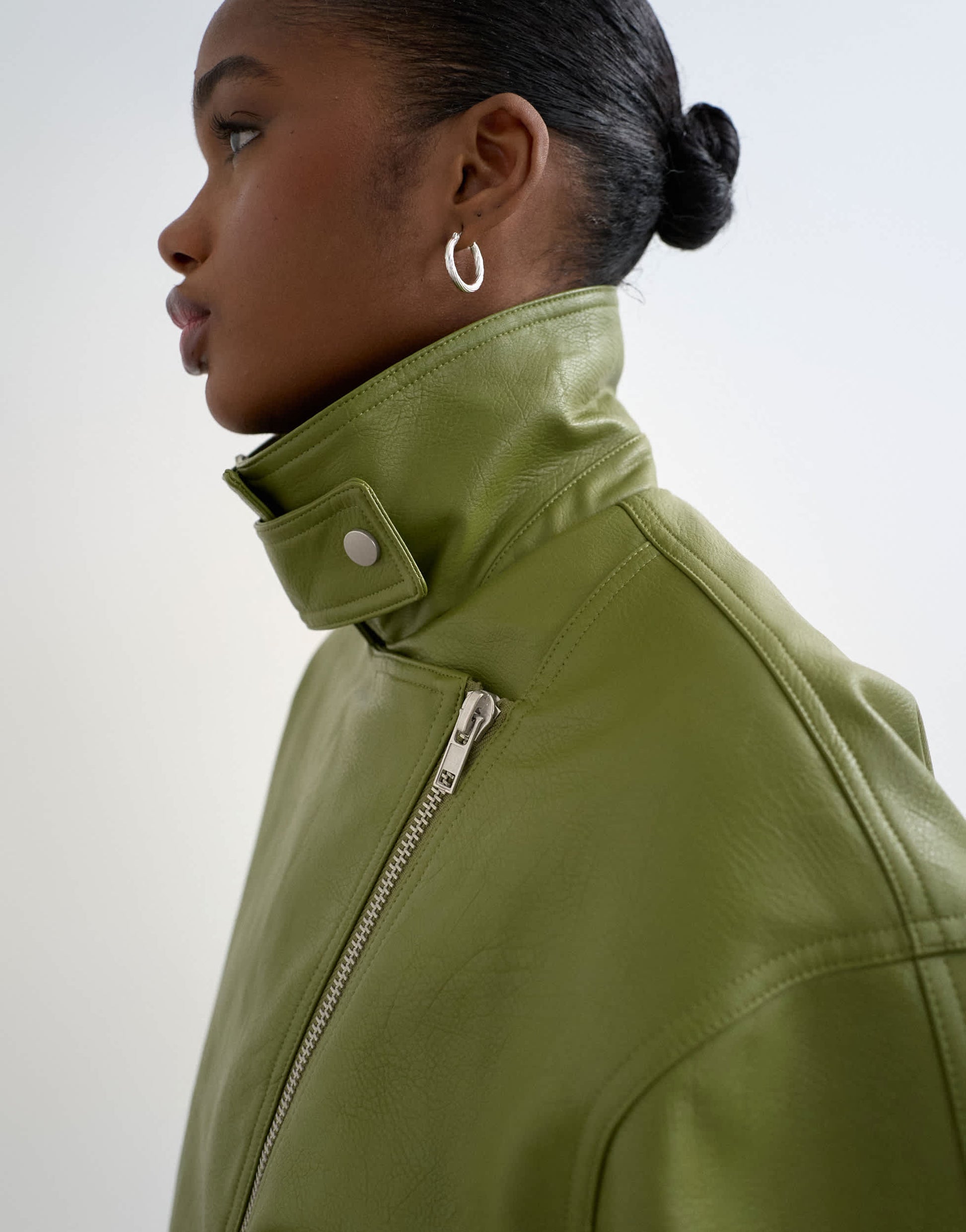 Topshop faux leather funnel neck biker jacket in green
