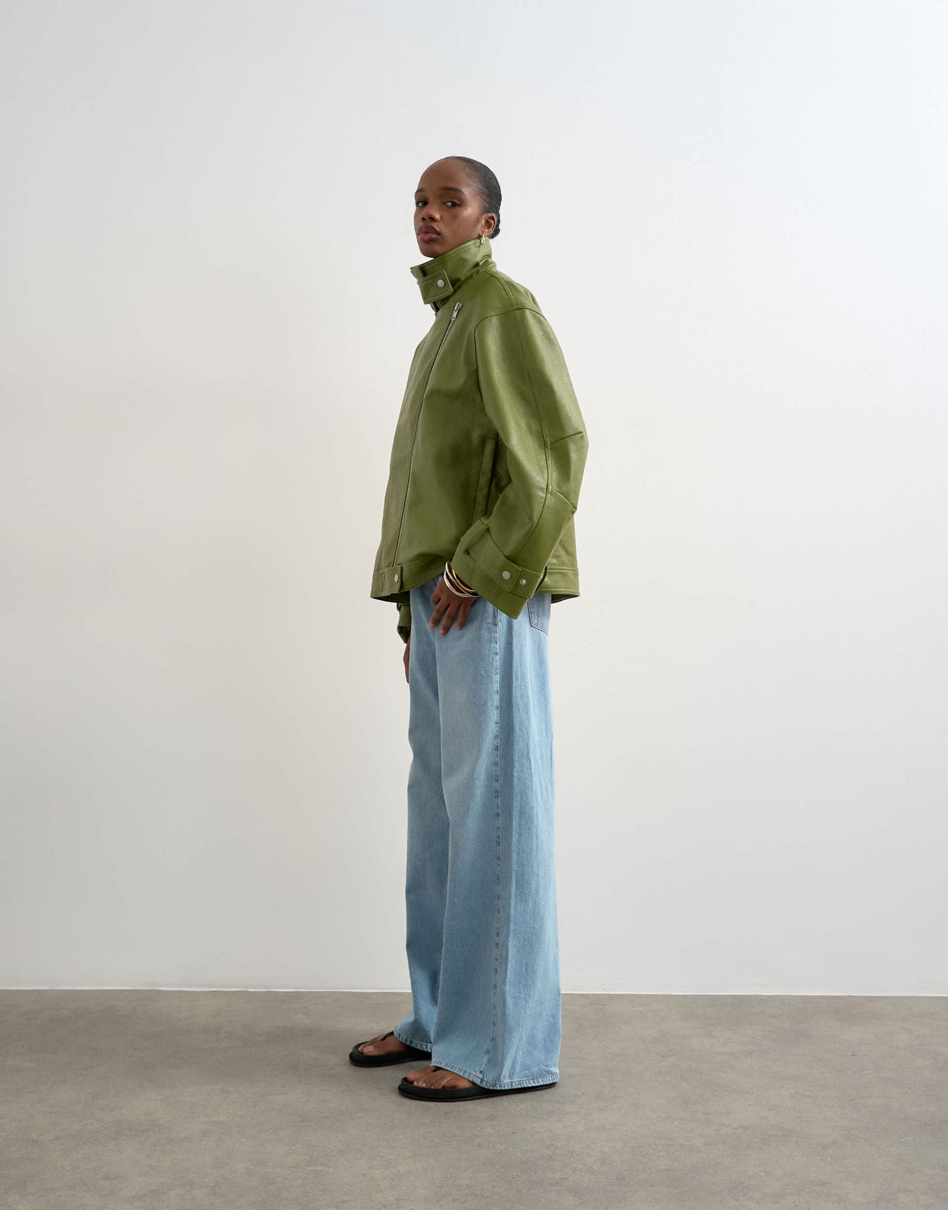 Topshop faux leather funnel neck biker jacket in green