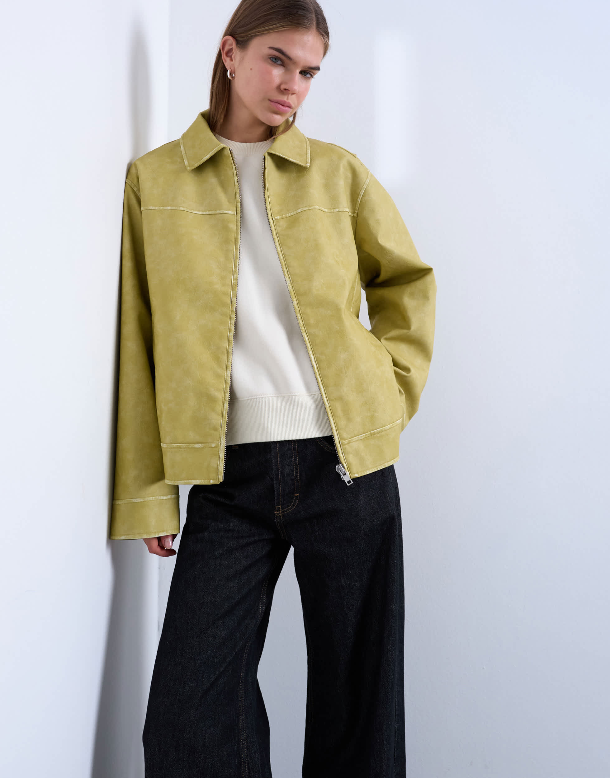 Topshop PU zip through jacket in chartreuse