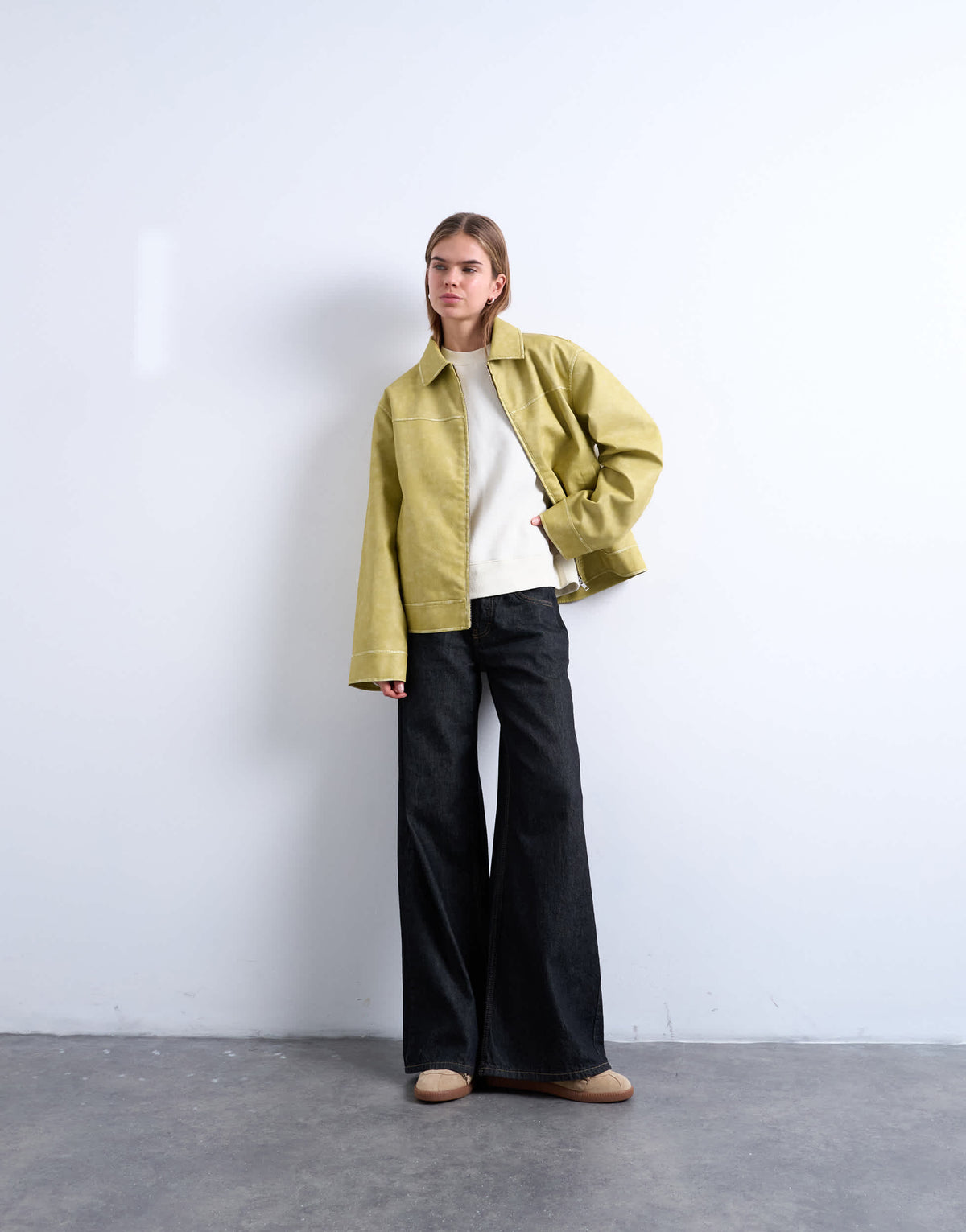Topshop PU zip through jacket in chartreuse