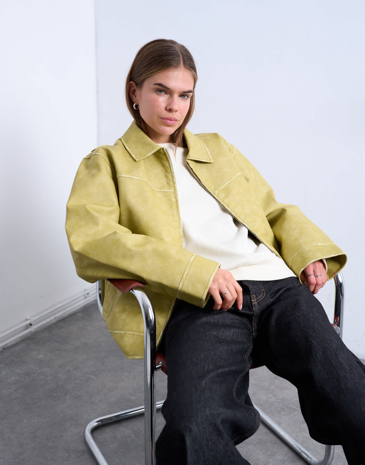 Topshop PU zip through jacket in chartreuse
