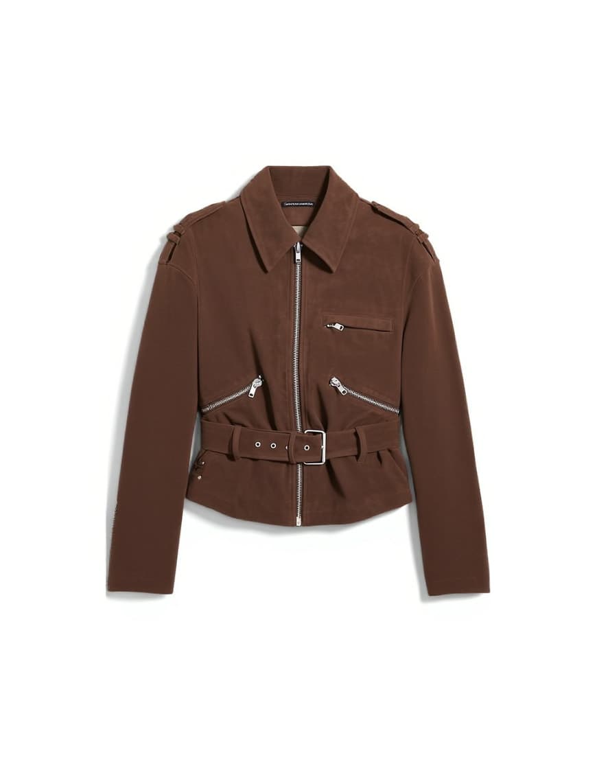 Topshop faux suede low belted biker jacket in washed brown