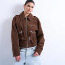 Topshop faux suede low belted biker jacket in washed brown