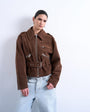 Topshop faux suede low belted biker jacket in washed brown