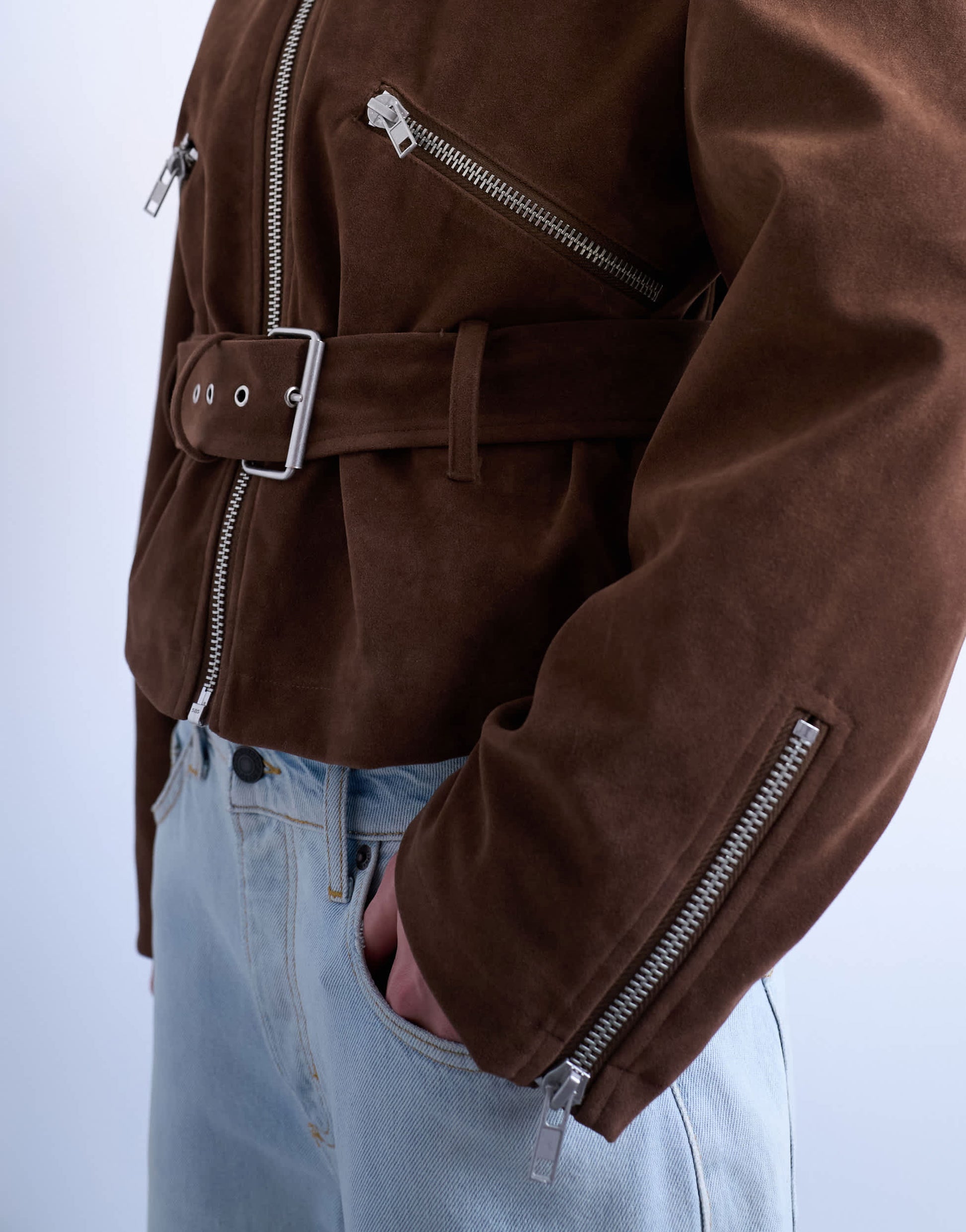 Topshop faux suede low belted biker jacket in washed brown