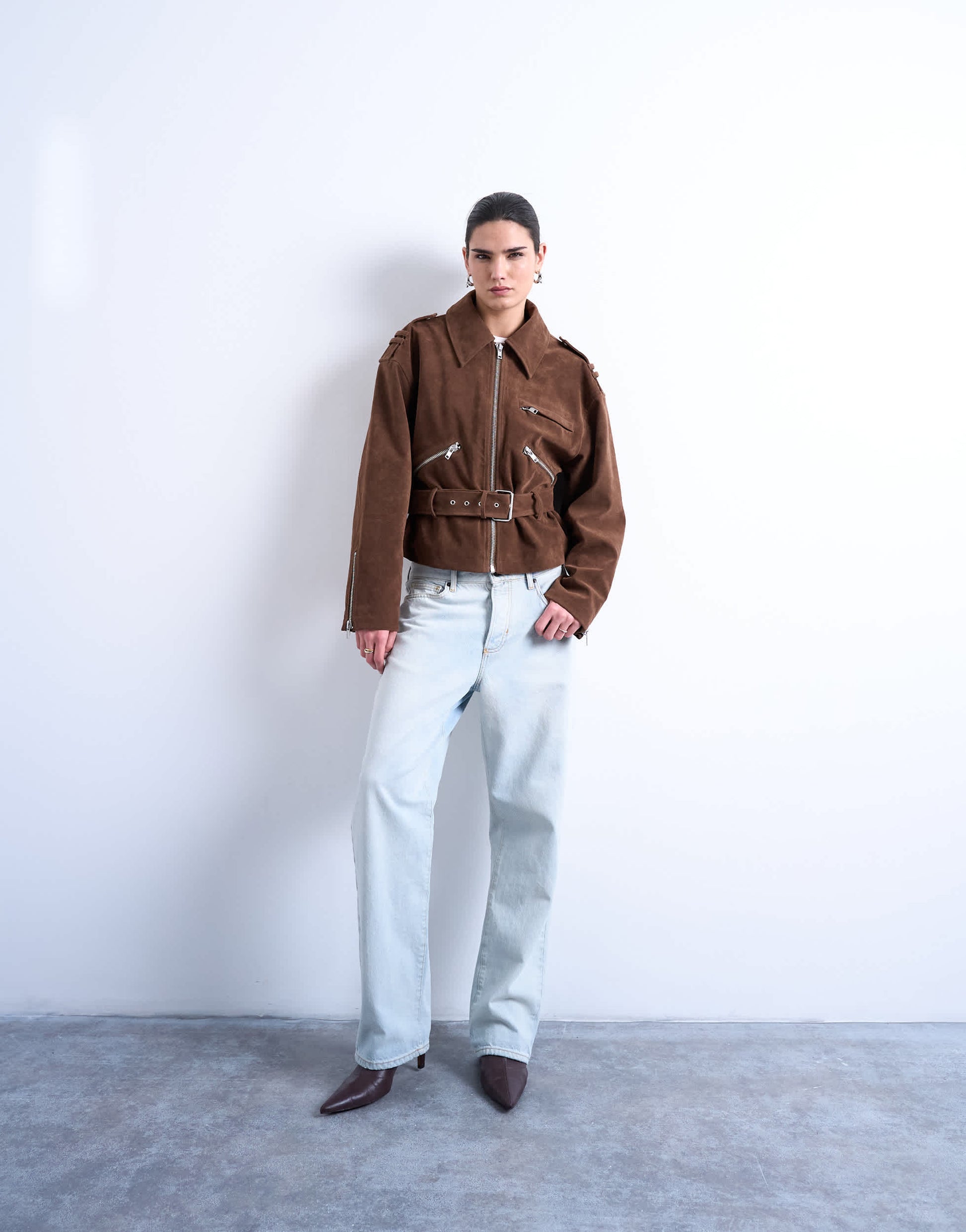 Topshop faux suede low belted biker jacket in washed brown