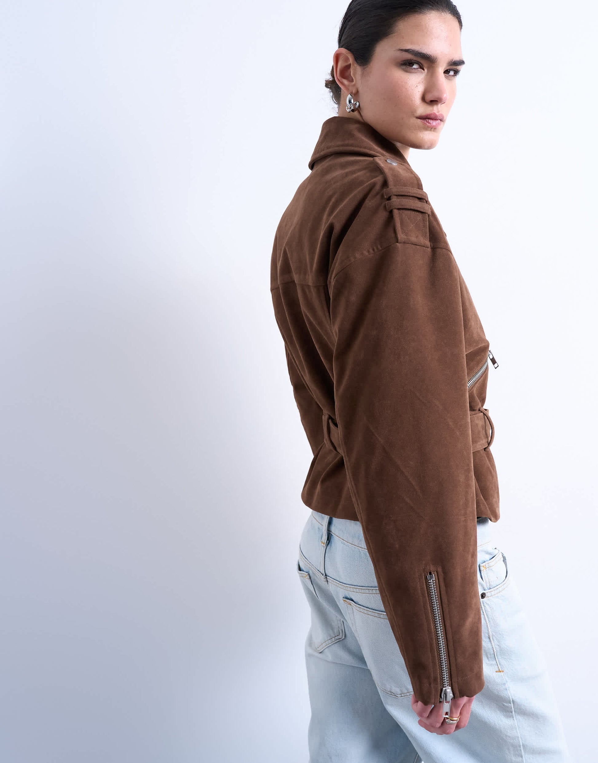 Topshop faux suede low belted biker jacket in washed brown