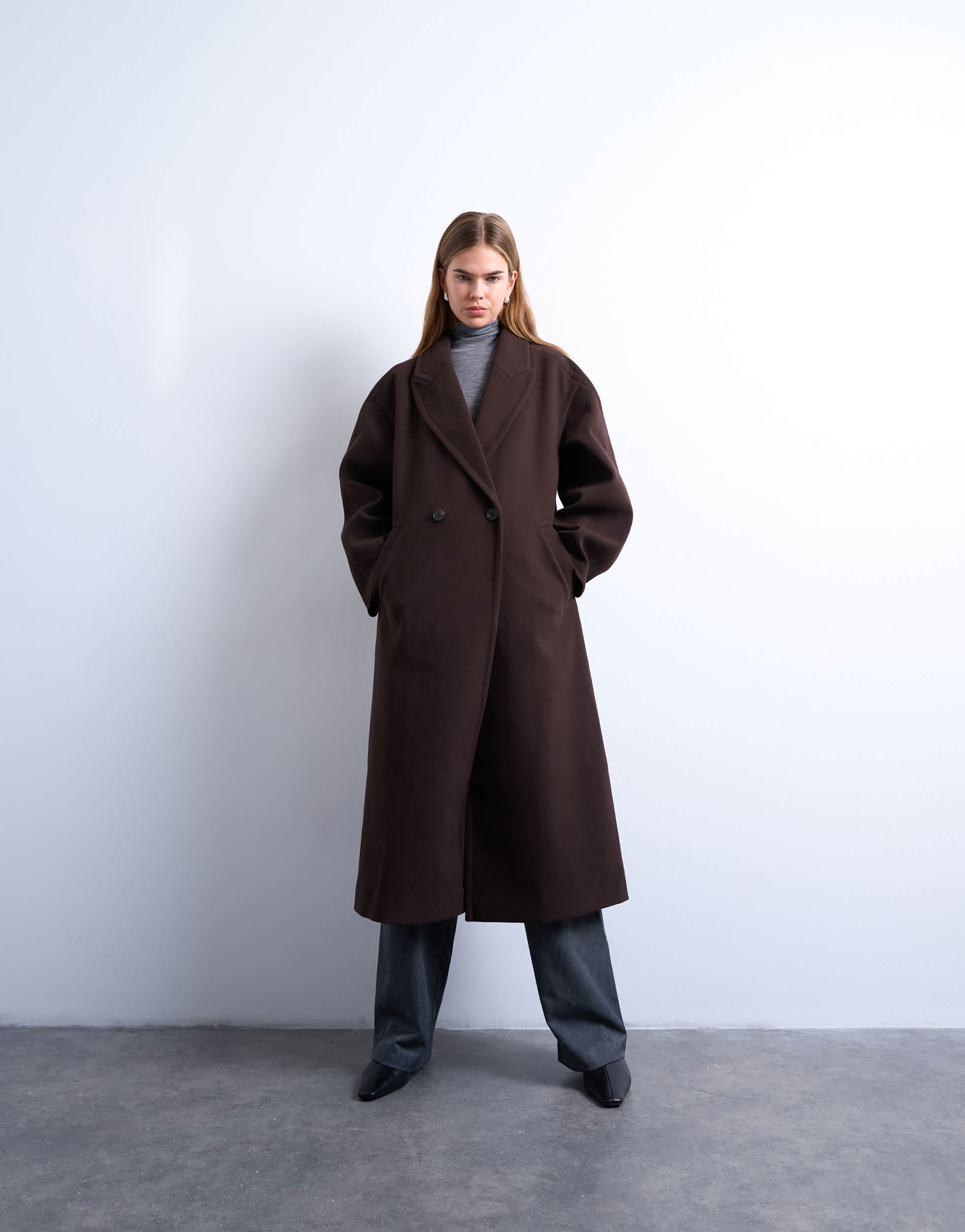 Topshop ovoid sleeve double breasted longline formal coat in chocolate