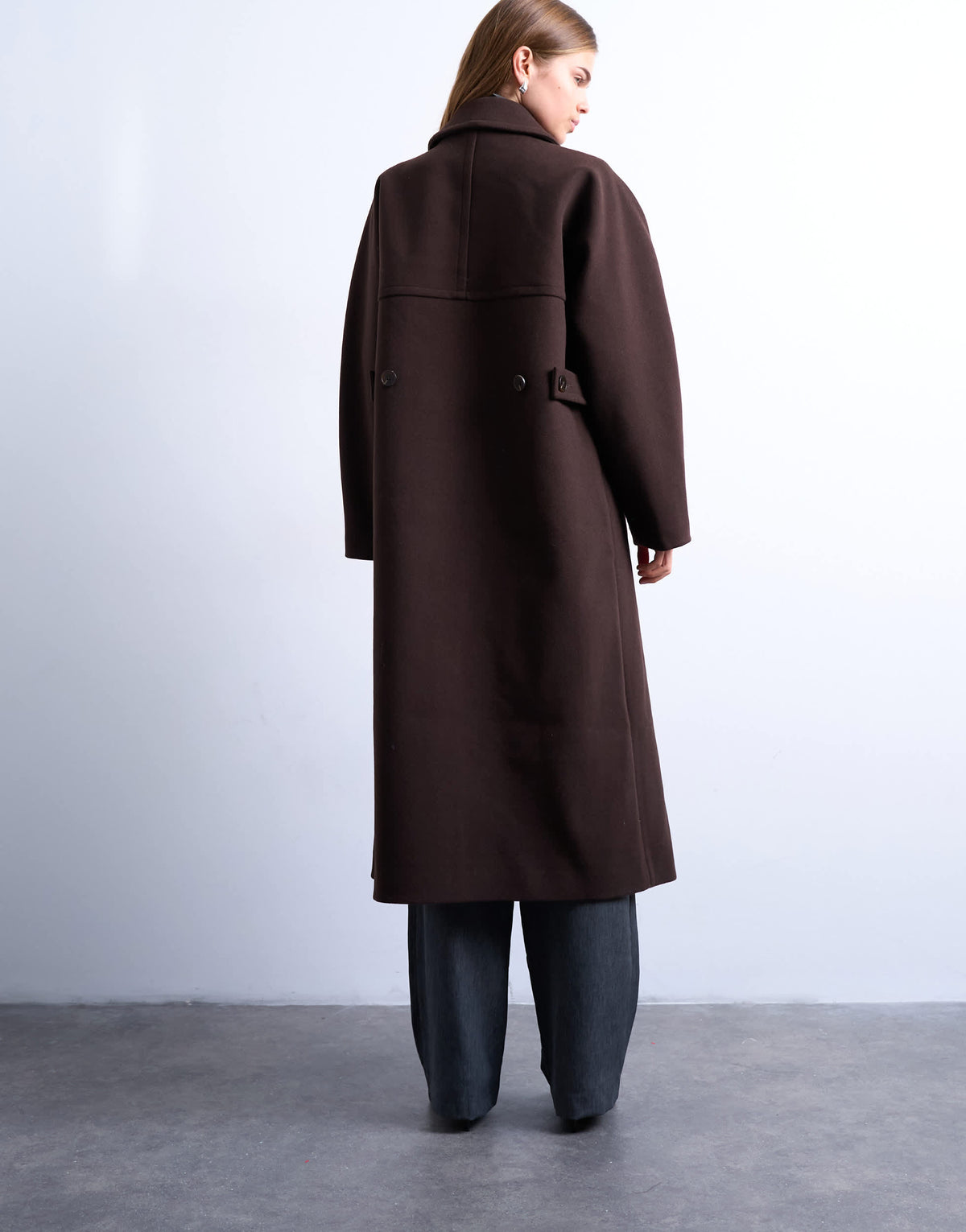 Topshop ovoid sleeve double breasted longline formal coat in chocolate