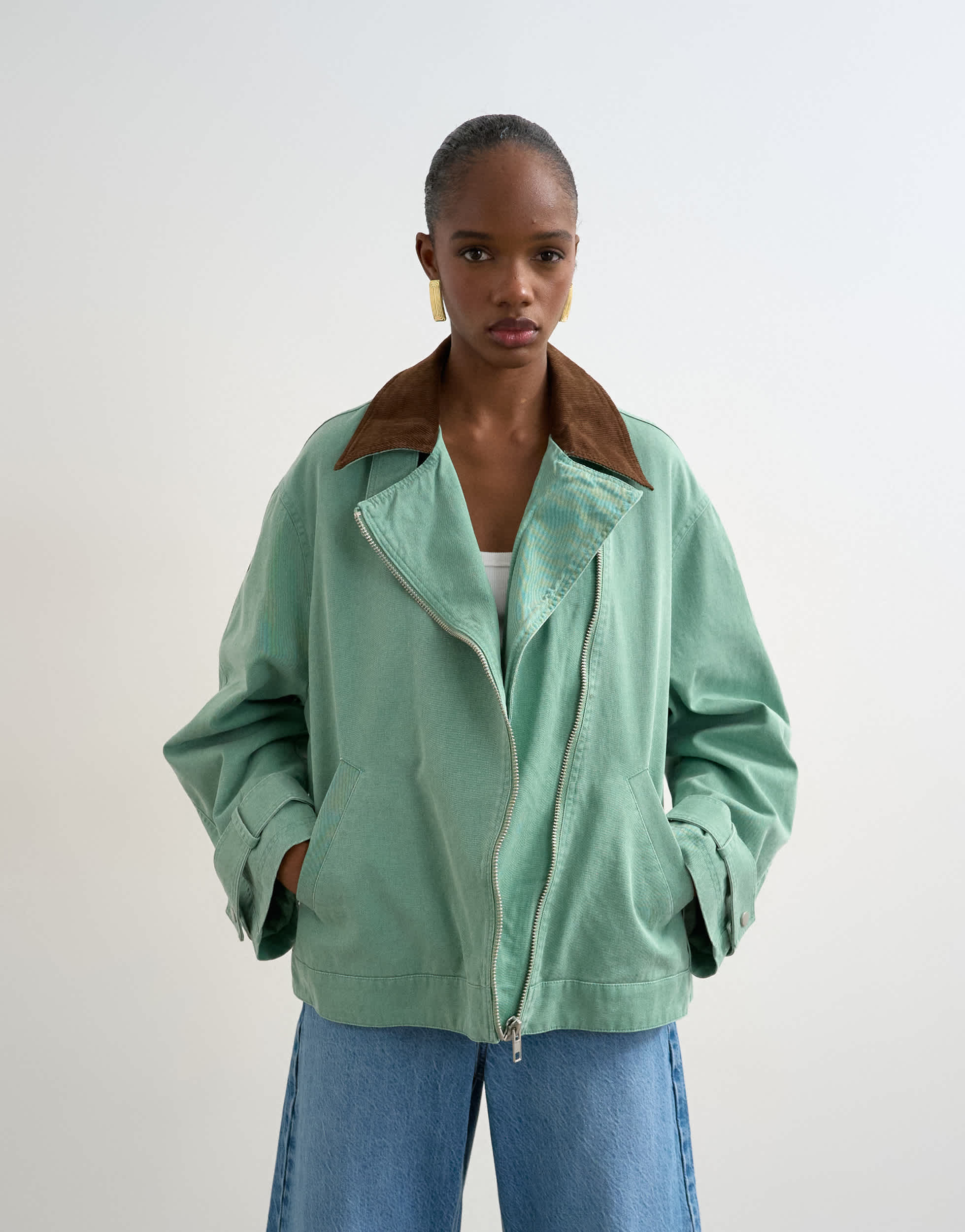 Topshop washed zip front jacket with contrast cord collar in turquoise