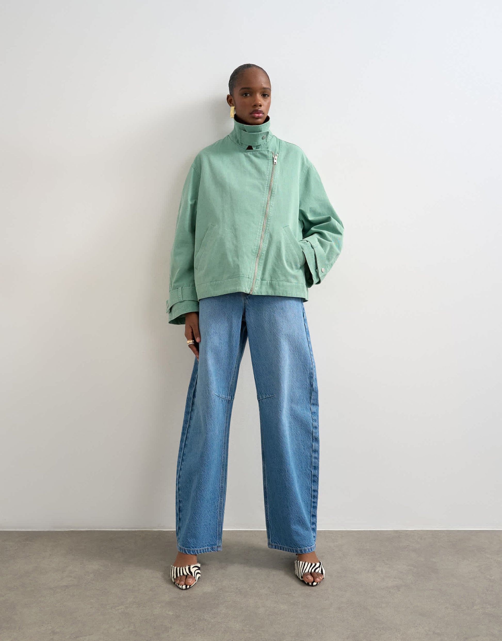 Topshop washed zip front jacket with contrast cord collar in turquoise
