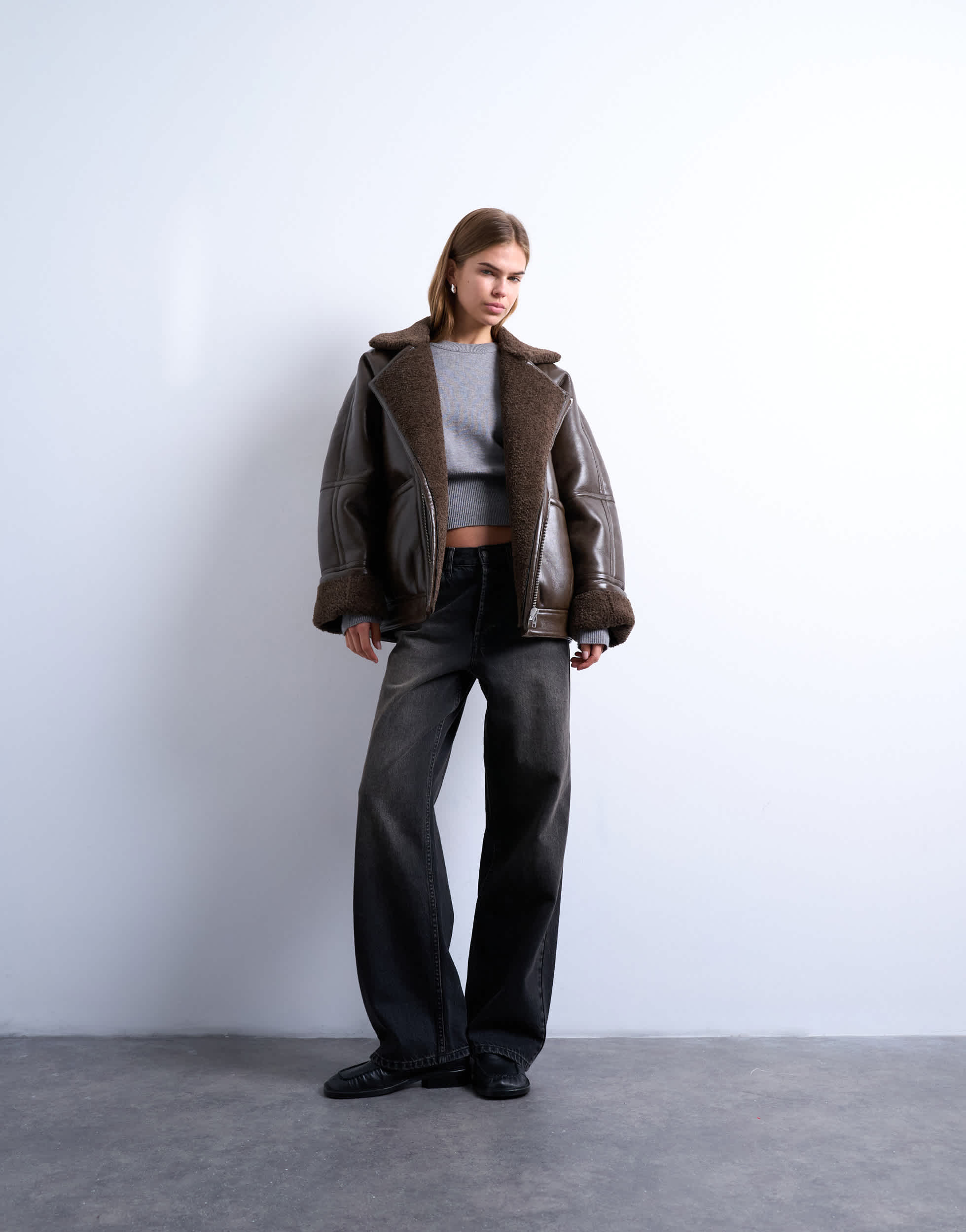 Topshop vintage wash shearling aviator bomber in chocolate
