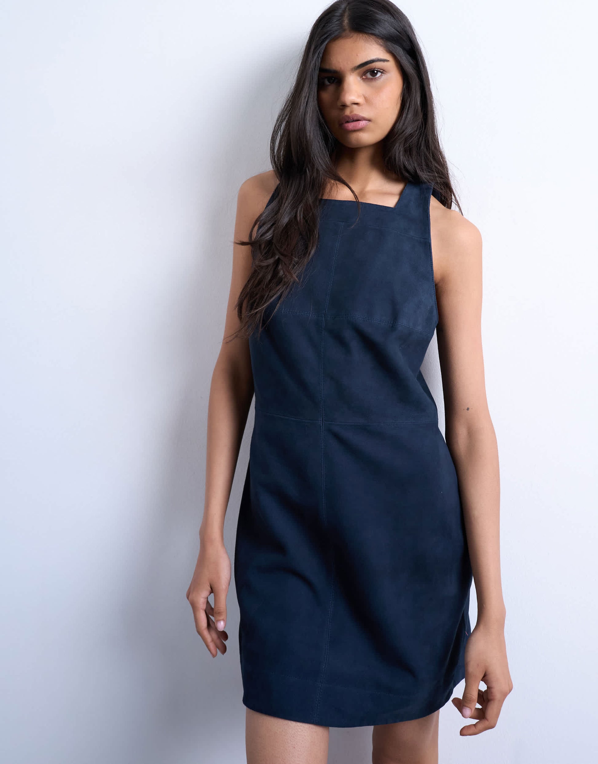 Topshop real suede square neck halter neck mini dress in navy