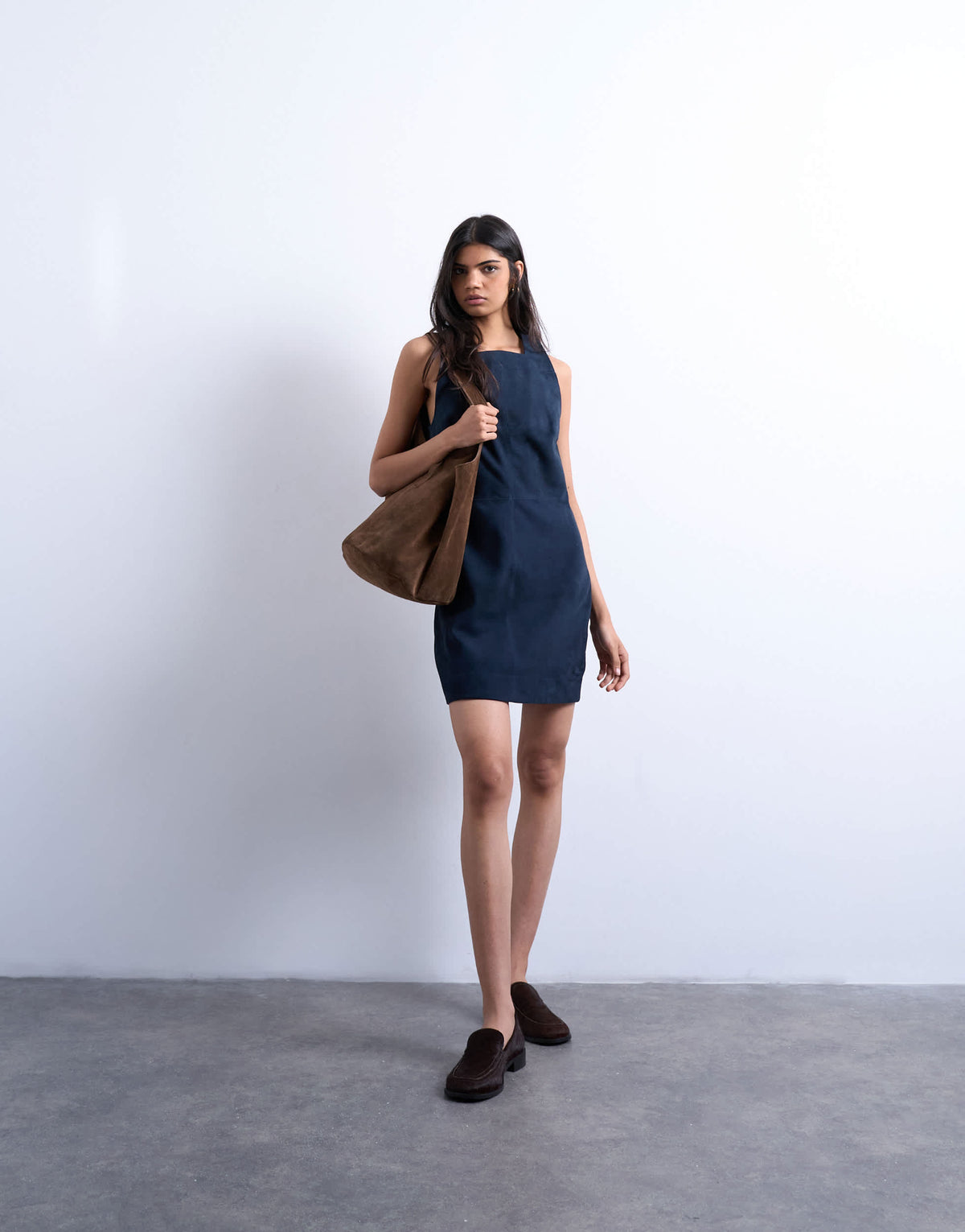 Topshop real suede square neck halter neck mini dress in navy