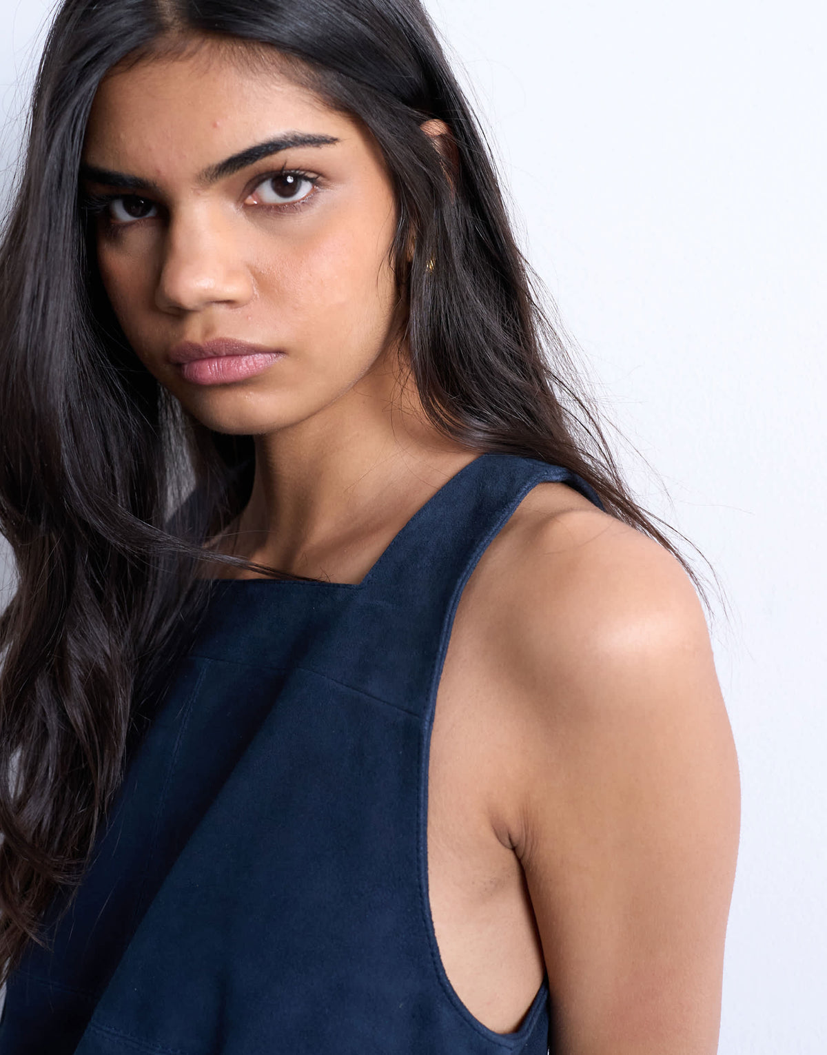 Topshop real suede square neck halter neck mini dress in navy