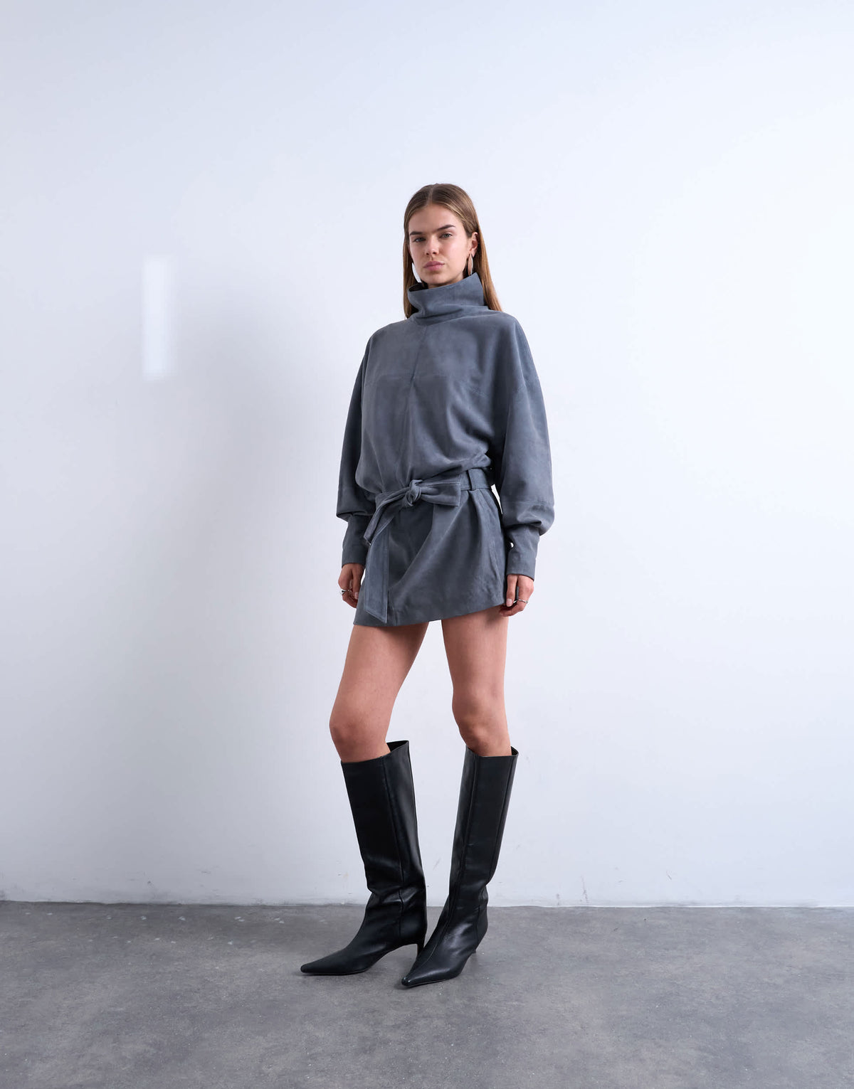 Topshop real suede funnel neck cinch waist long sleeve mini dress in petrol blue