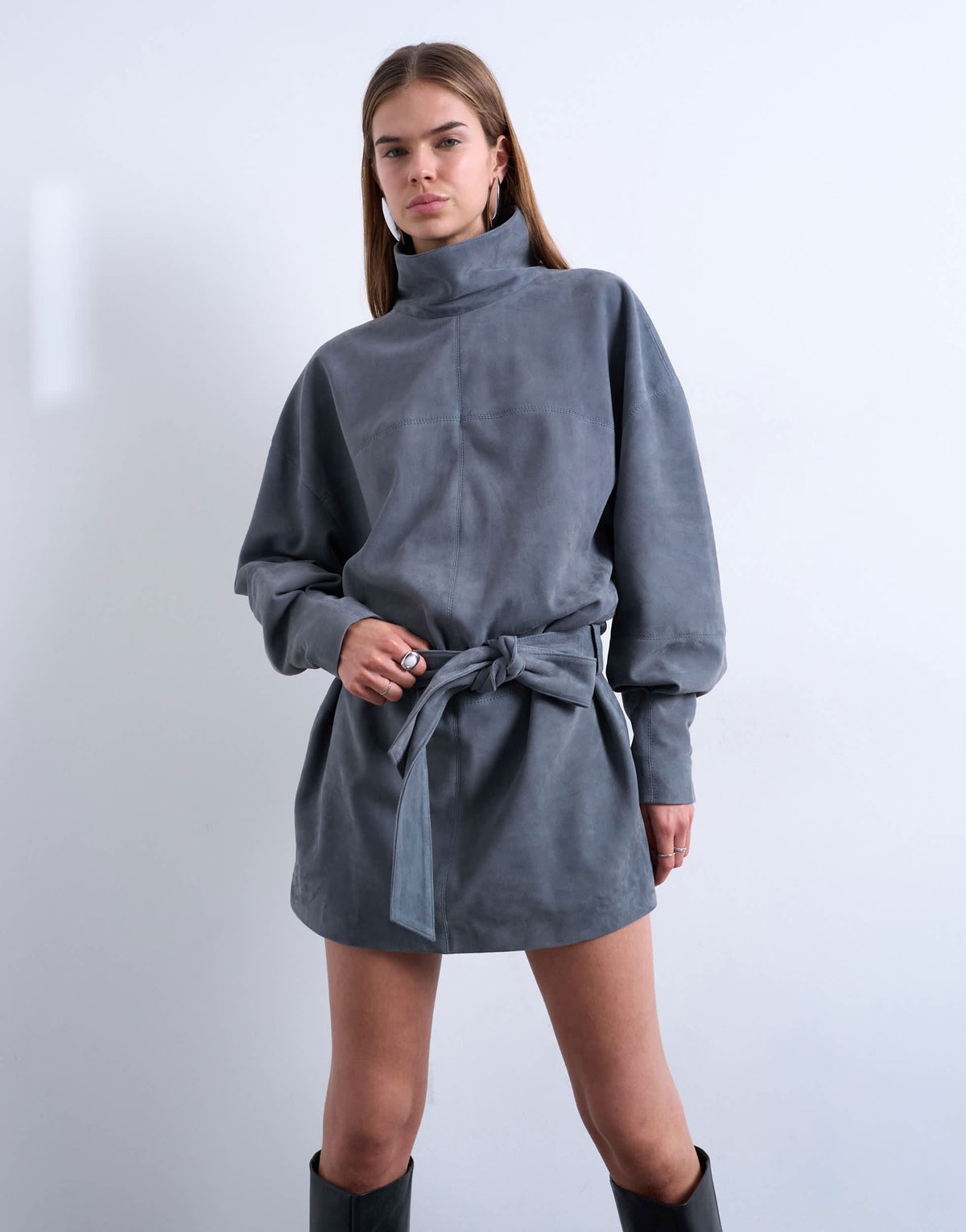 Topshop real suede funnel neck cinch waist long sleeve mini dress in petrol blue