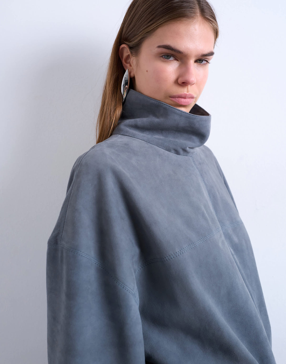Topshop real suede funnel neck cinch waist long sleeve mini dress in petrol blue