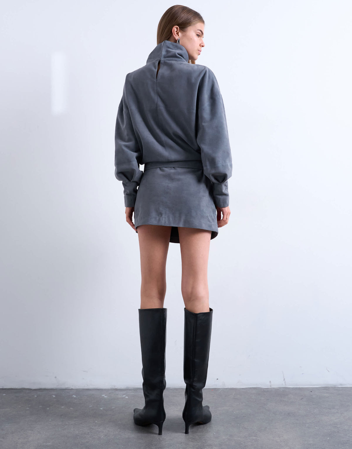 Topshop real suede funnel neck cinch waist long sleeve mini dress in petrol blue