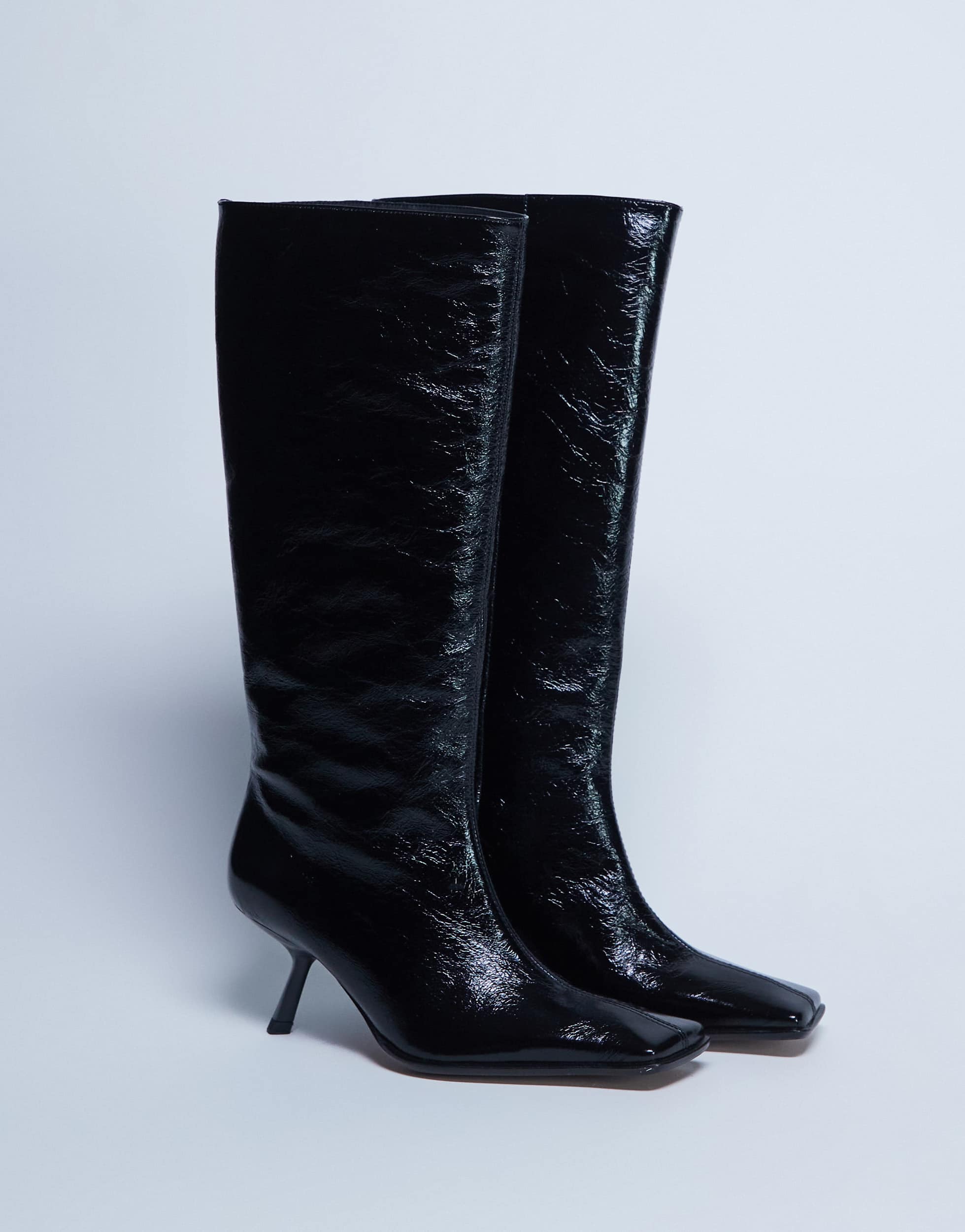 Topshop Scarlett Premium-Kniehohe Stiefel aus Leder mit eckiger Spitze in Schwarz