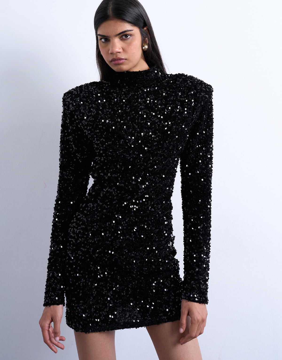 Topshop long sleeve velvet sequin mini dress with shoulder pads in black
