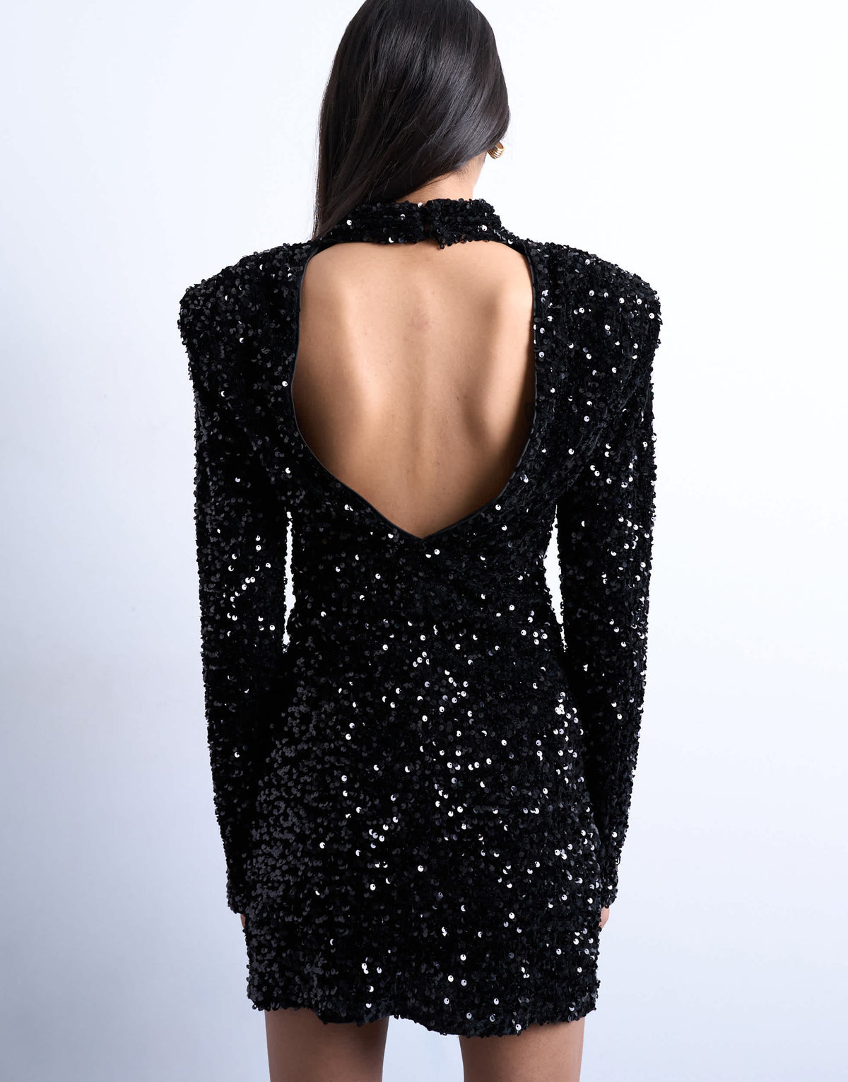 Topshop long sleeve velvet sequin mini dress with shoulder pads in black