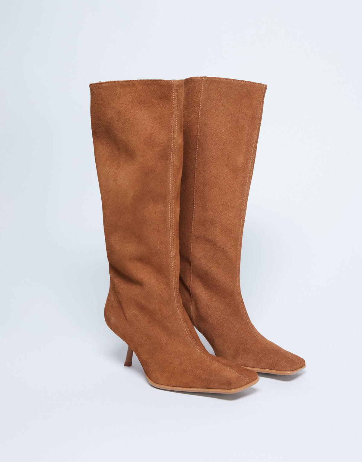 Topshop Scarlett Premium suede leather square toe knee high boot in tan